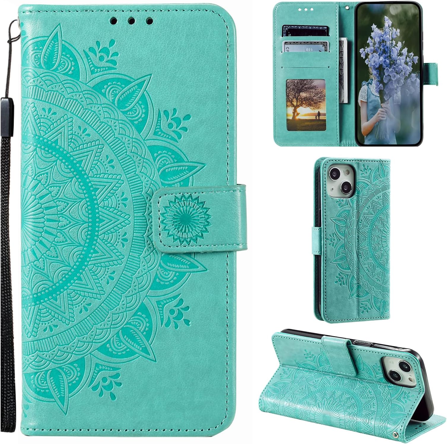 EYZUTAK Mandala Phone Cover for iPhone 14 Plus, Ultra Slim Flip Case with Card Slot, Magnetic Closure, Embossing PU Leather Case with Stand Function and Lanyard, Foldable Motif - Green