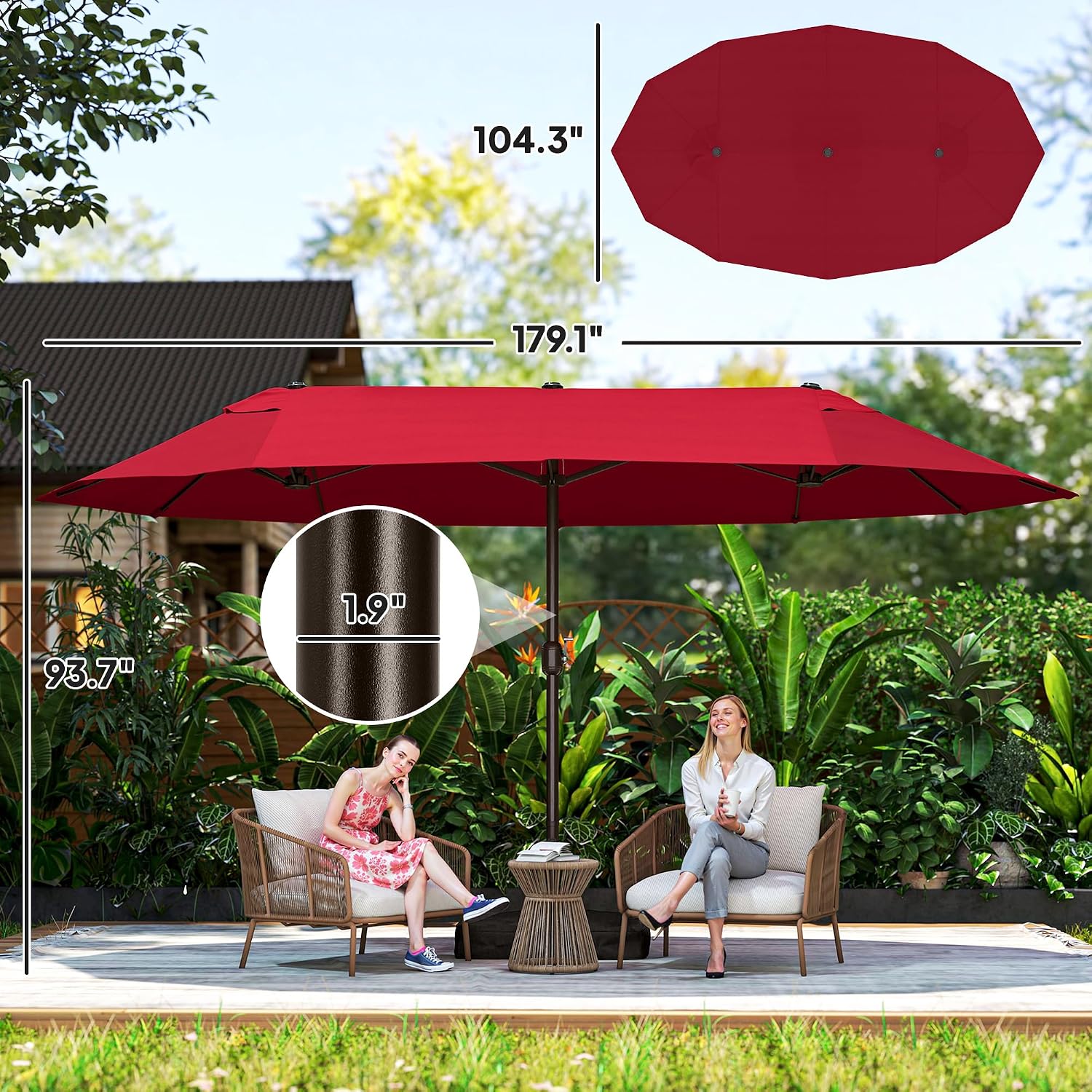 Outsunny Large Patio Umbrella with Base Included, 15' Steel Rectangular Double Sided Outdoor Umbrella, Sun Protection & Easy Crank for Deck Pool Patio