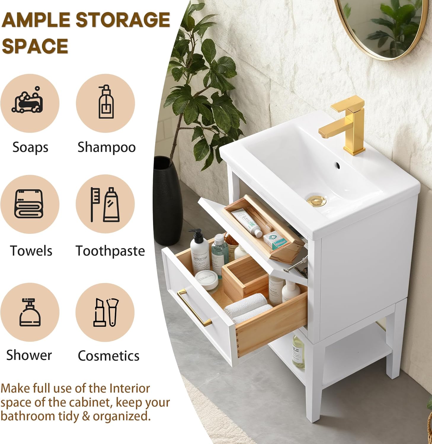 20" Small Bathroom Vanity with Ceramic Sink, Modern Vanity Sink Combo, Free-Standing Bathroom Sink Cabinet, Solid Wood Frame, 1 Flip-Out Drawer & 1 Soft-Close Drawer, Open Shelf, Pre Assembly