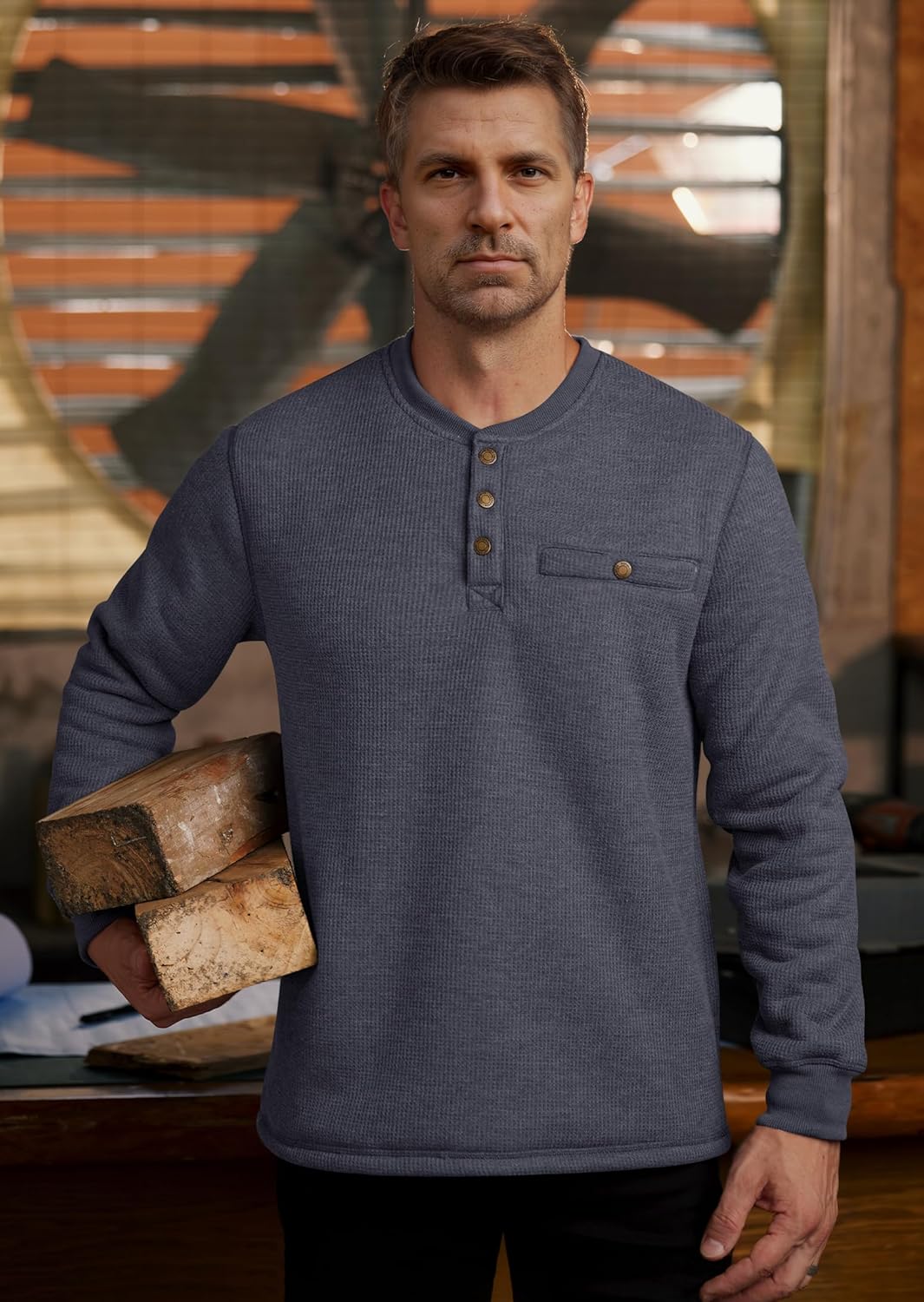 Mens Waffle Sherpa-Lined Henley Shirts Long Sleeve Thermal Pullover Casual Winter W... - Image 2