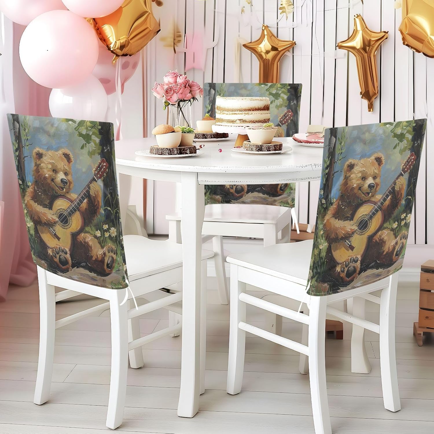 ALAZA Cute Bear Play Guitar Chair Back Cover Set of 6, Washable Reusable Removable Chair Slipcovers Decorative Chair Cover for Home Kitchen Wedding Party