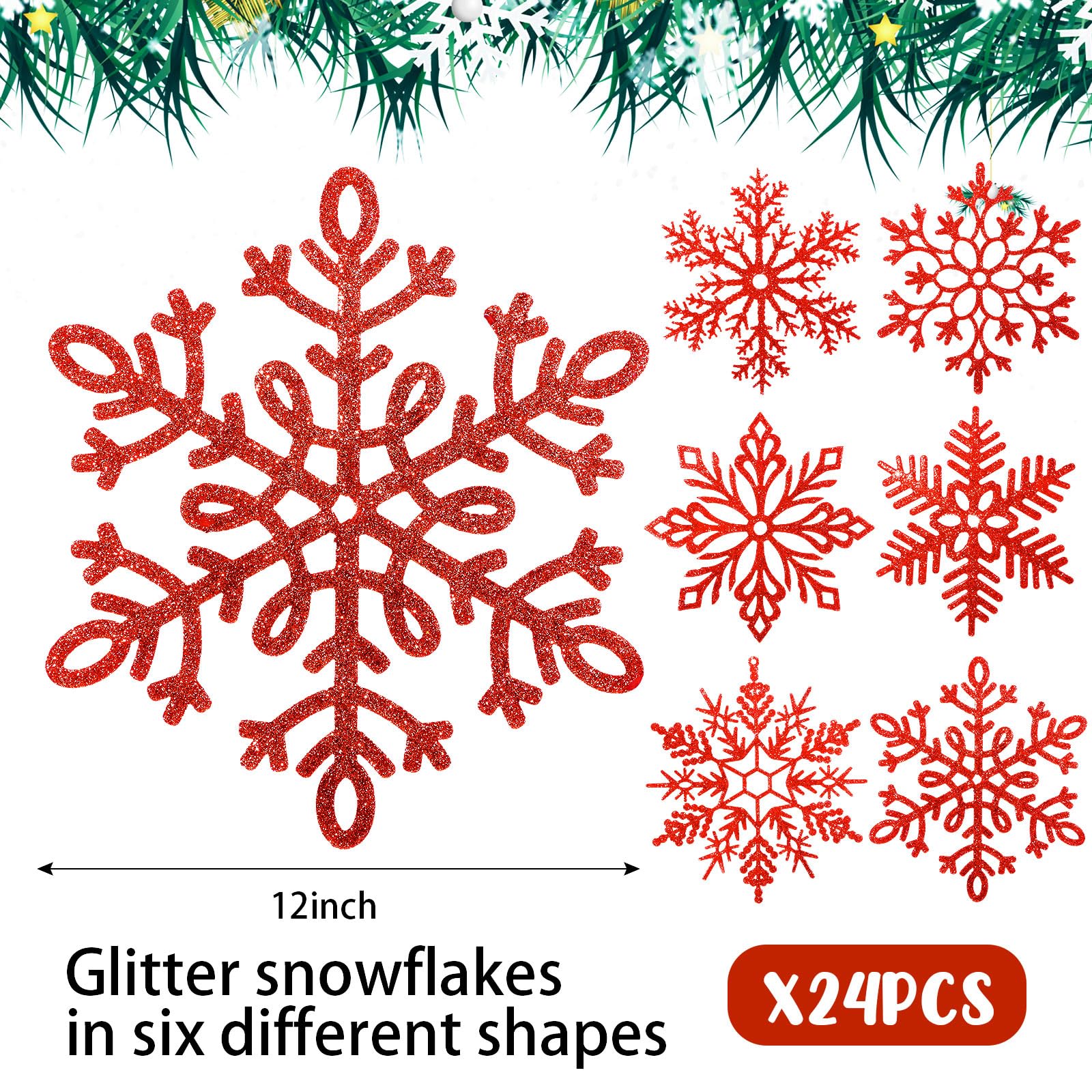 Lot de 24 flocons de neige géants à paillettes en plastique avec fil en nylon de 50 m pour décoration intérieure, extérieure et de Noël (rouge)