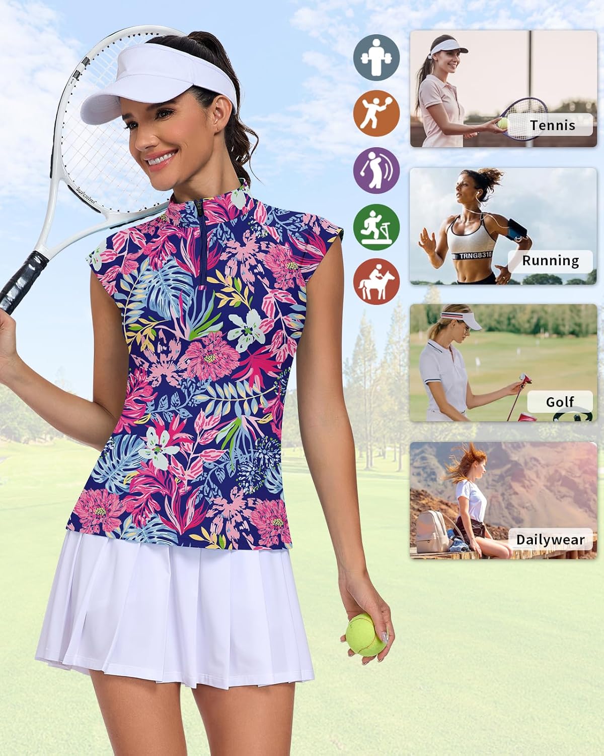 WOWENY Womens Golf Shirts Cap Sleeve Polo Quick Dry Tennis Tops Pickleball Outfits Quarter Zip