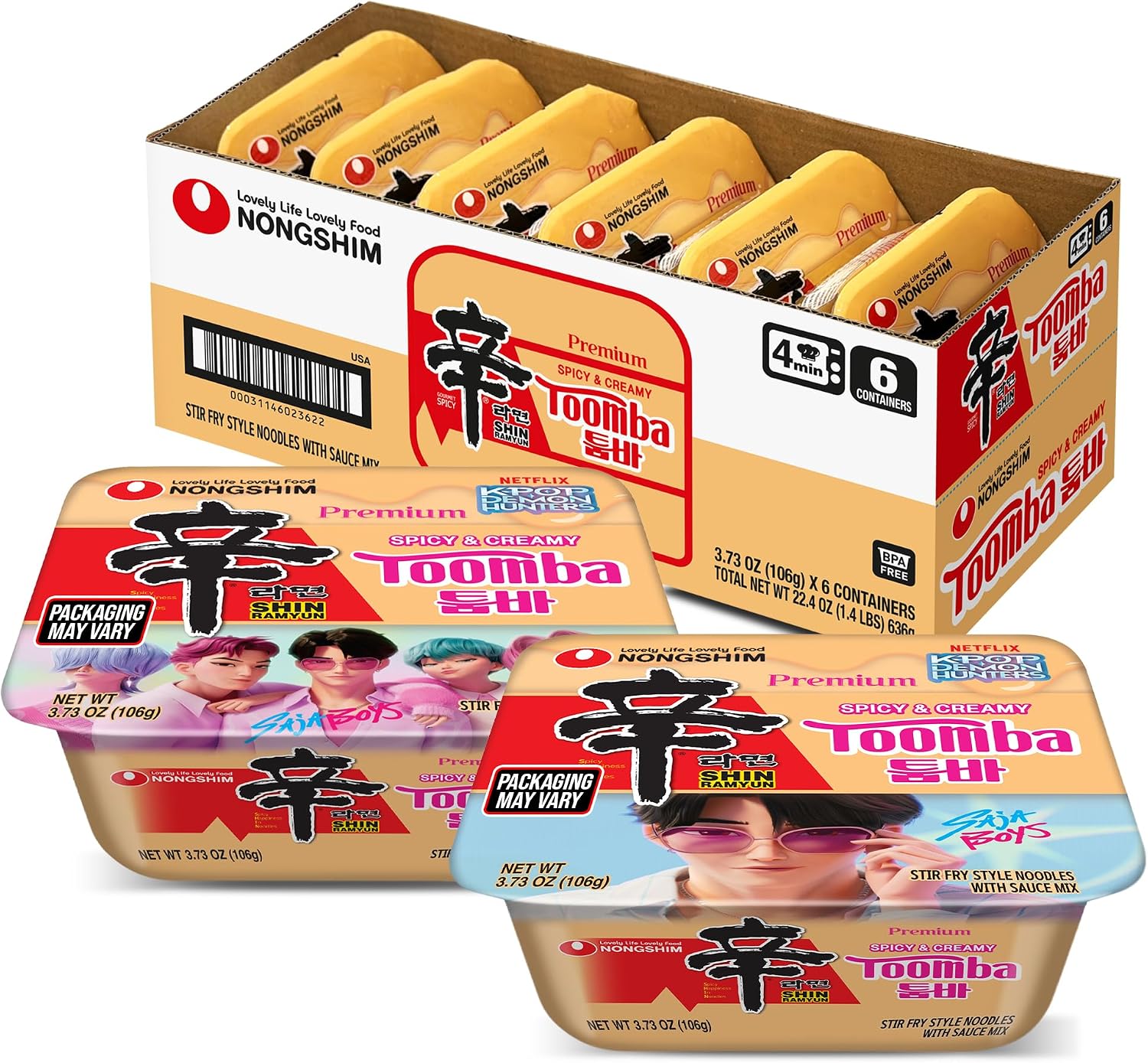 Nongshim Shin Ramyun Toomba Noodles Square Bowl, Creamy Korean Mac and Cheese Style Noodles, Gentle Kick of Spice, Korean Stir Fry Style Instant Noodles, Microwaveable, 3.73 oz (Pack of 6)