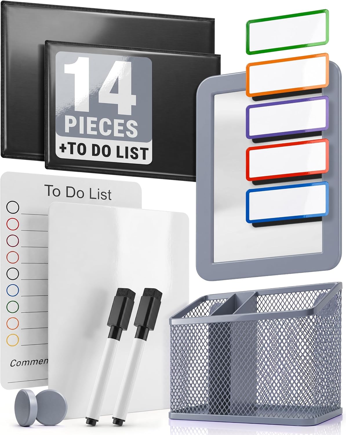 14 Pcs Locker Essentials Kit Gray - Cute School Locker Accessories Set with Magnetic Whiteboard - School Decor Kit Includes Dry Erase Pens Holders Magnetic Frames Magnets Labels Mirror & To Do List