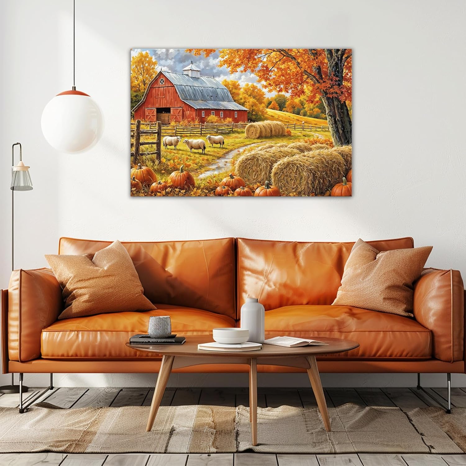 Autumn Farm Landscape Canvas Wall Art Red Barn Picture Rustic Fall Farmhouse Painting Framed Artwork for Living Room Dining Room Home Wall Decor(FARM-1,16"x24")
