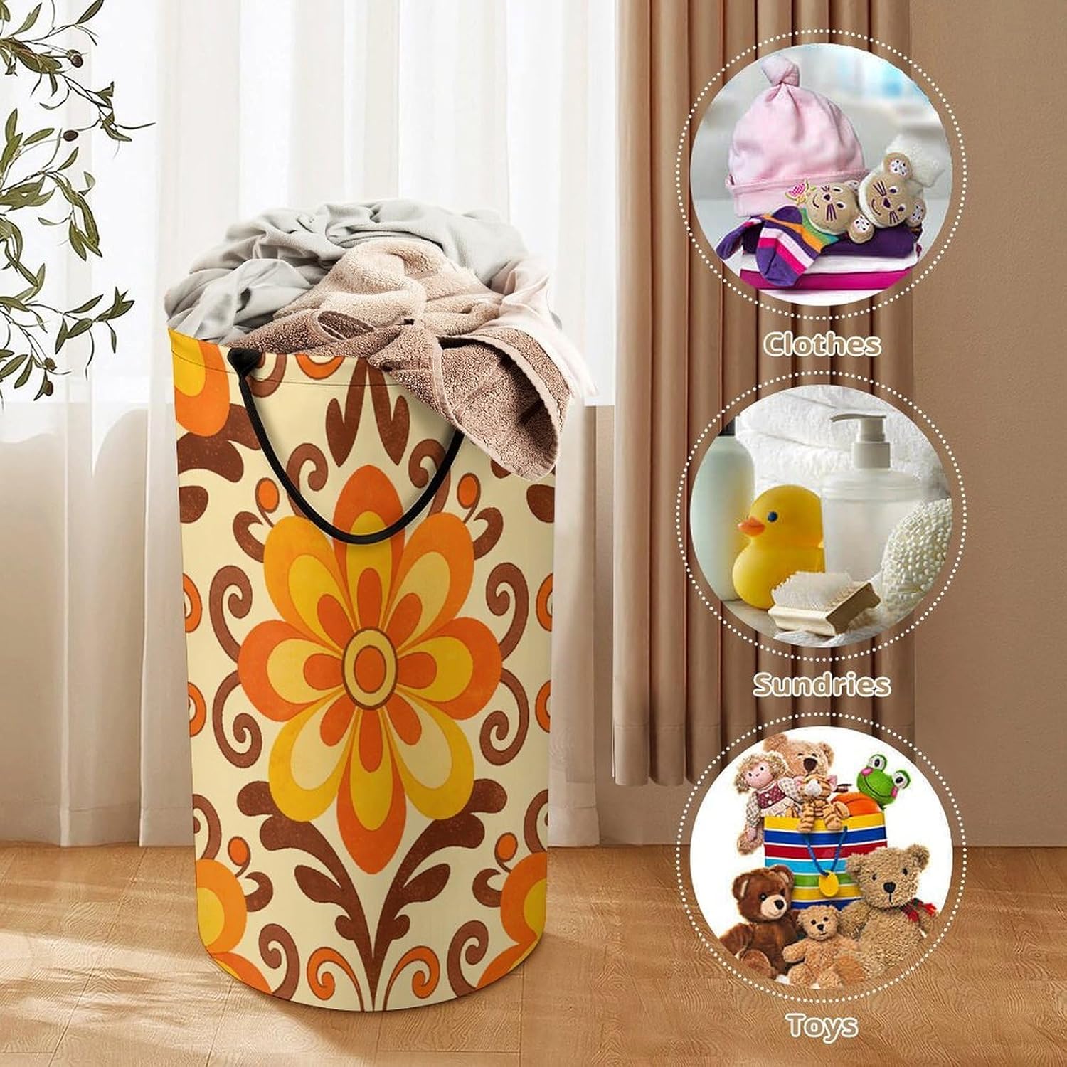 Retro Floral Laundry Hamper with Handles Waterproof Collapsible Laundry Basket Large Lightweight Round Dirty Clothes Hamper for Home Dorm Bathroom Decor