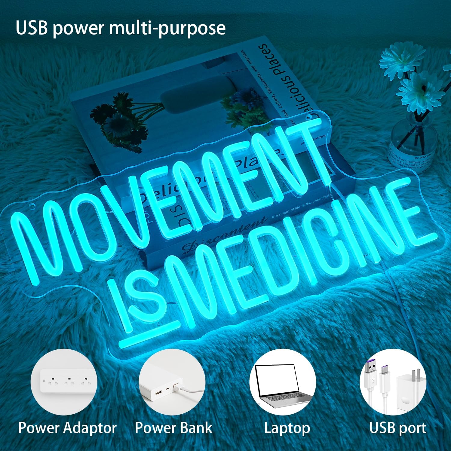 Movement Is Medicine Neon Sign for Wall Decor, Dimmable Gym Neon light, USB Powered Gym LED Light Up Sign for Sports Room, Party Bar,Fitness Club,Gym Wall Decor - Image 3