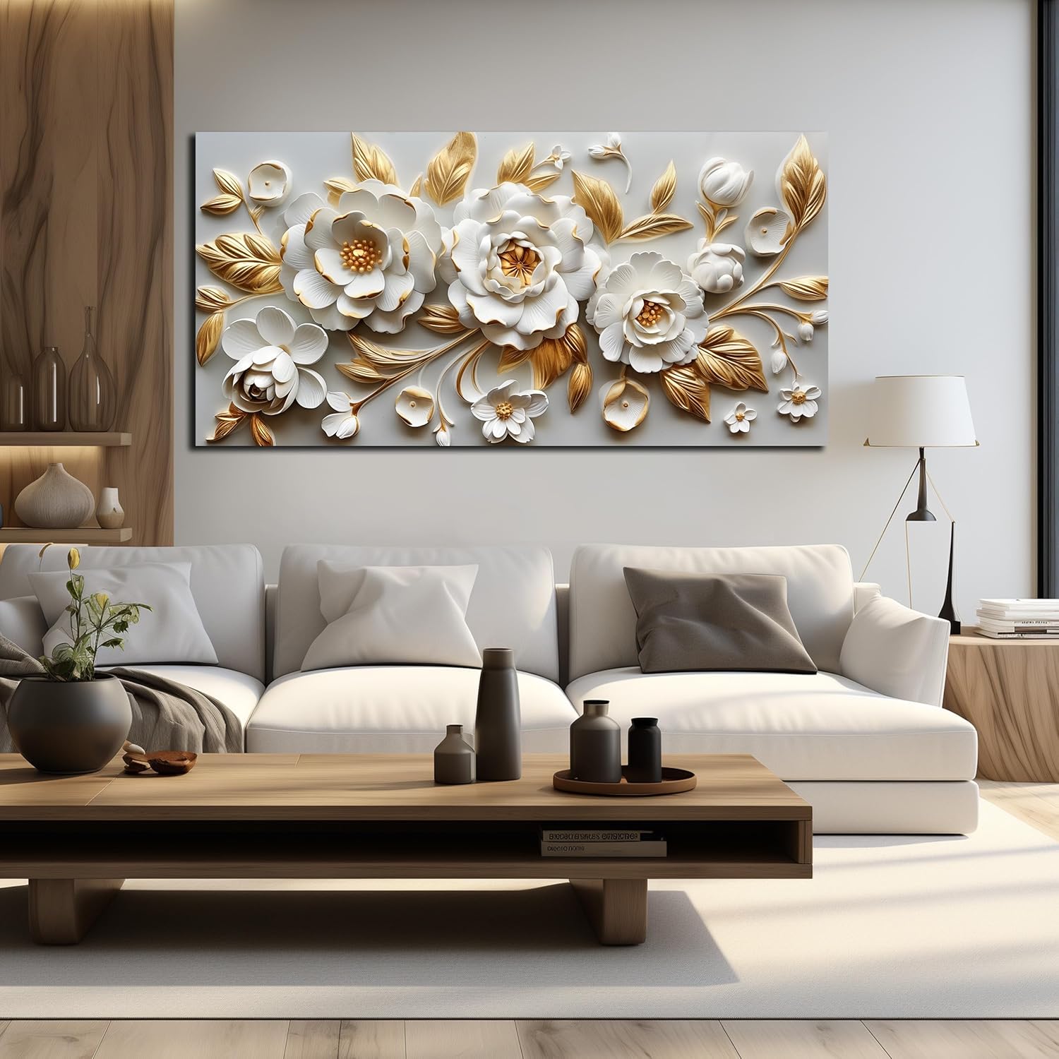 AUUZAIUA Floral Canvas Wall Art for Living Room White and Gold Blossom Botanical Large Artwork for Bedroom Office Kitchen Modern Canvas Prints 29"x58"