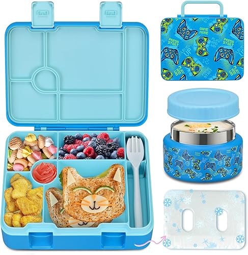 Miniatura 14 de Fiambrera Bento para niños con paquete de hielo, caja Bento a prueba de fugas de 5 compartimentos con utensilios, capacidad de 5.5 tazas para
