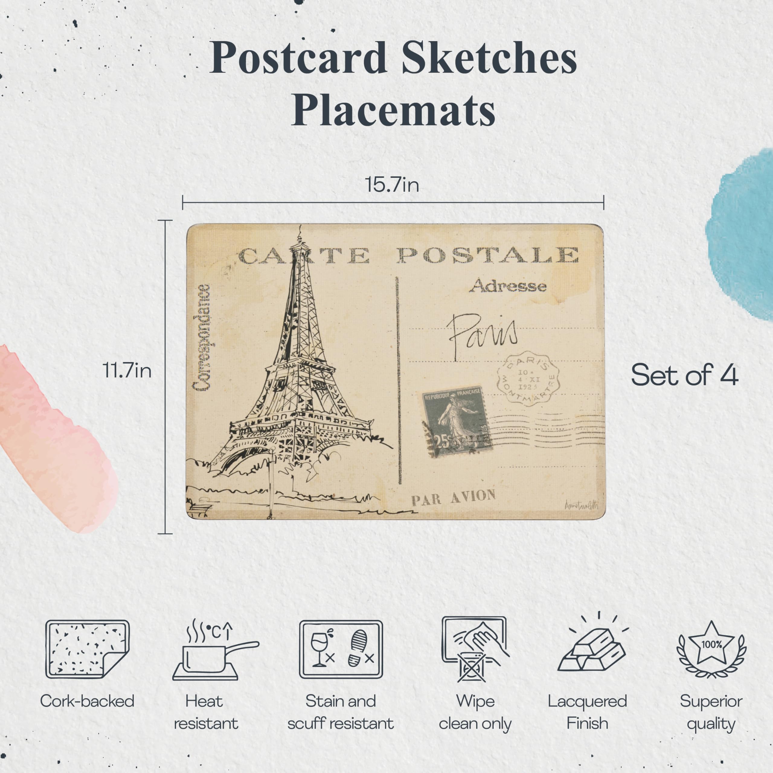 Pimpernel Juego de 4 manteles individuales de la colección Postcard Sketches, (15.7 x 11.7 pulgadas), con respaldo de corcho con obras de arte clásicas de la ciudad inspiradas en París, Londres, Roma