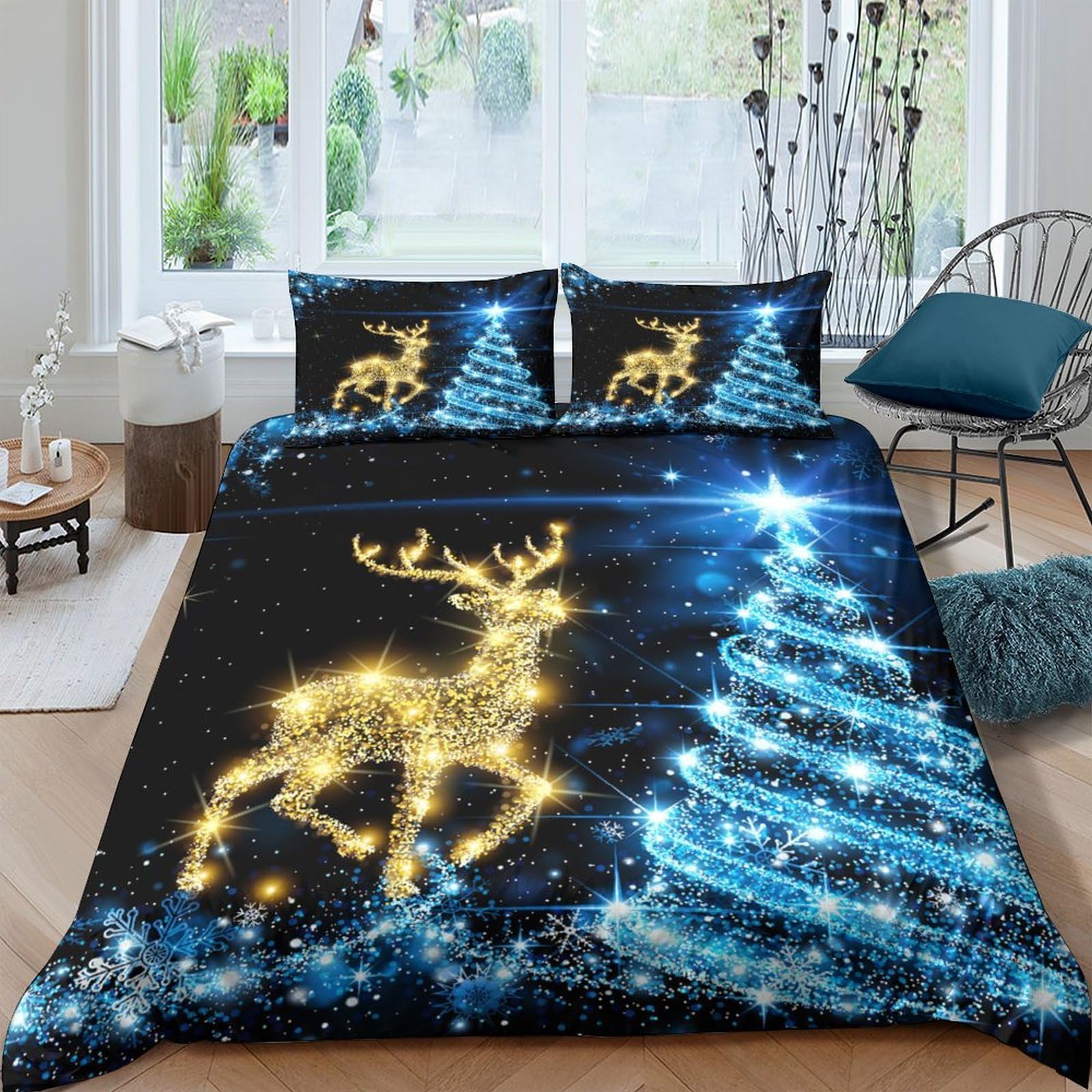 Ctjqhvkz Style-5 3D Printed Christmas Reindeer Fitted Sheet Microfiber Soft Blue Tree Bed Cover For Bedroom Guest Room Decor Single（135X200cm）