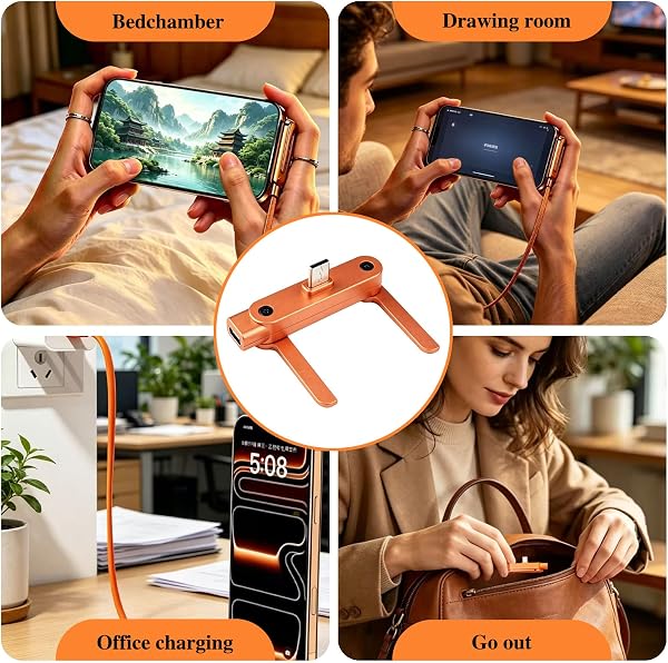 Câble Charge Rapide 240 W Type-C 2 en 1 avec Support Téléphone Pliable Intégré, Universel Silicone Liquide Détachable, Visionnage, Jeux et Appels Vidéo, Seulement 2 adaptateurs Inclus, Orange - 5