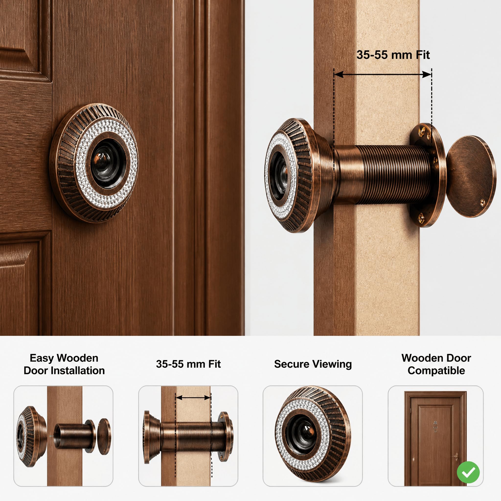 Eye Berry Door Lens 180°Glass Lens Degree Brass +Zink Door Eye viewer with Double Diamond Layer with Perfect Matching for Main Door (Dimond Copper, 35-55 mm) 1