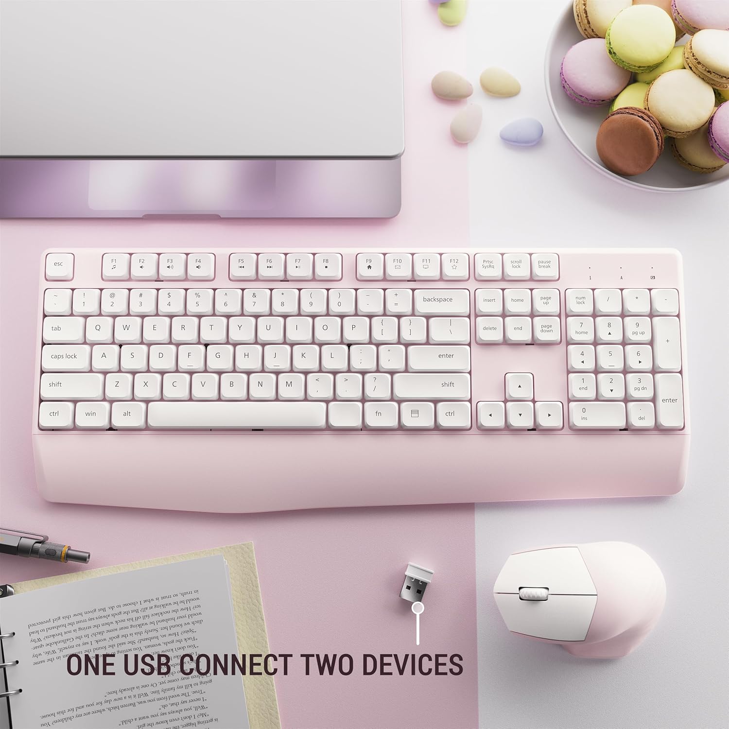 MPTOG Ergonomic Keyboard and Mouse Combo with Wrist Rest, BK Chipset, Full-Size Colorful Office Keyboard and Mouse, Power Button, USB Receiver for PC Laptop(Pink White)