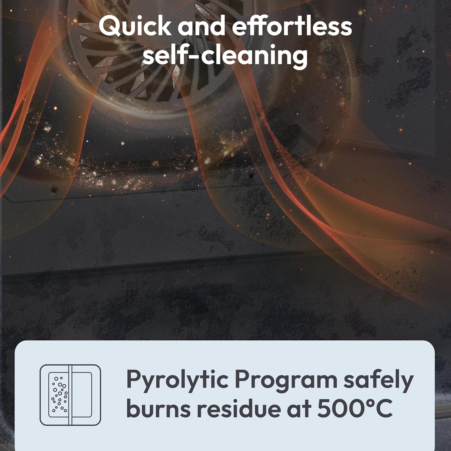 Oven interior during pyrolytic cleaning, showing high heat burning off residue.