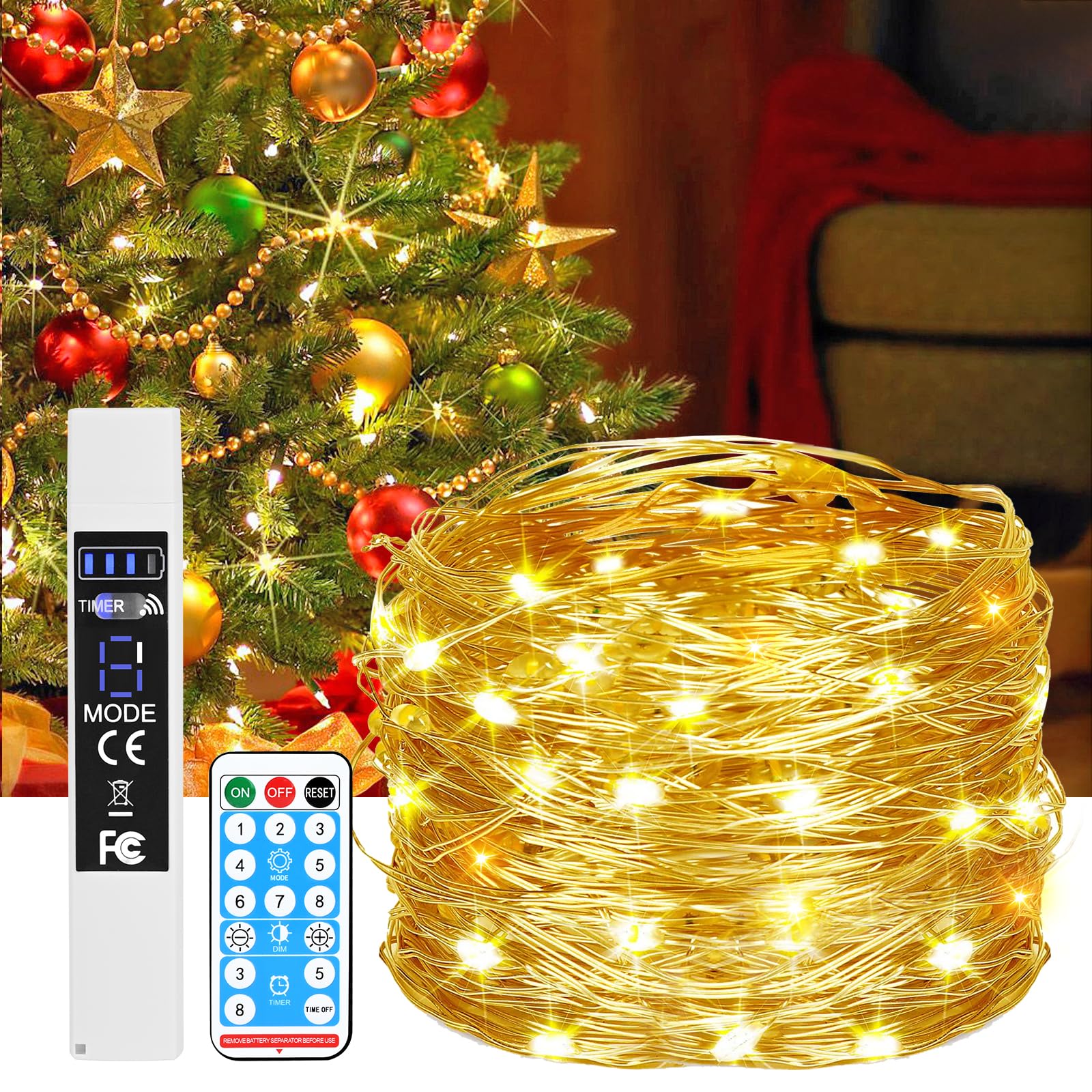 Diealles Shine Luces LED a Pilas, 20M 200LED Guirnalda Luces Interior, Blanco Cálido Luces Arbol Navidad para Decoracion