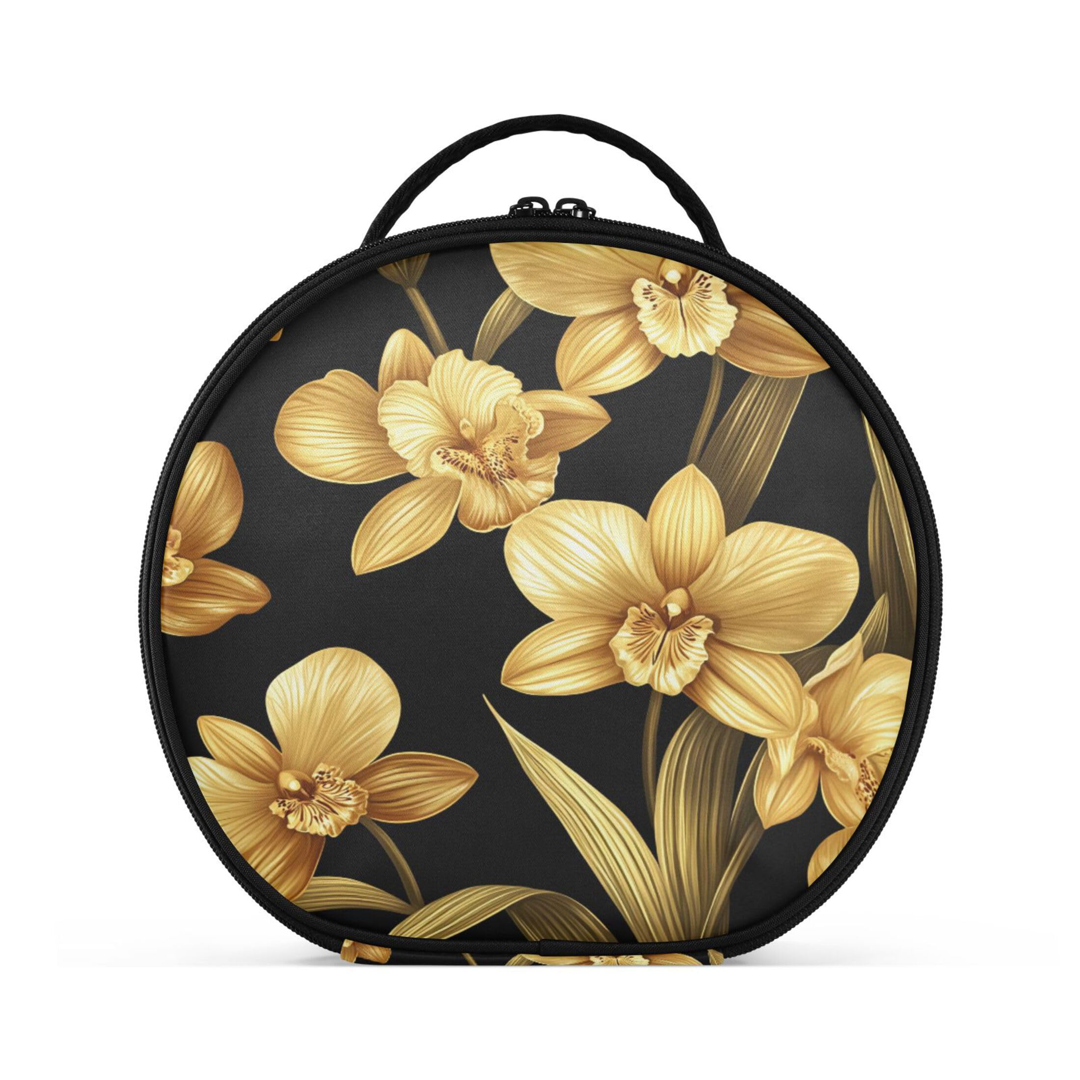 Takiito Golden Orchid Flowers Travel Makeup Case Portable Makeup Box Artist Cosmetic Case Organizer With Adjustable Dividers
