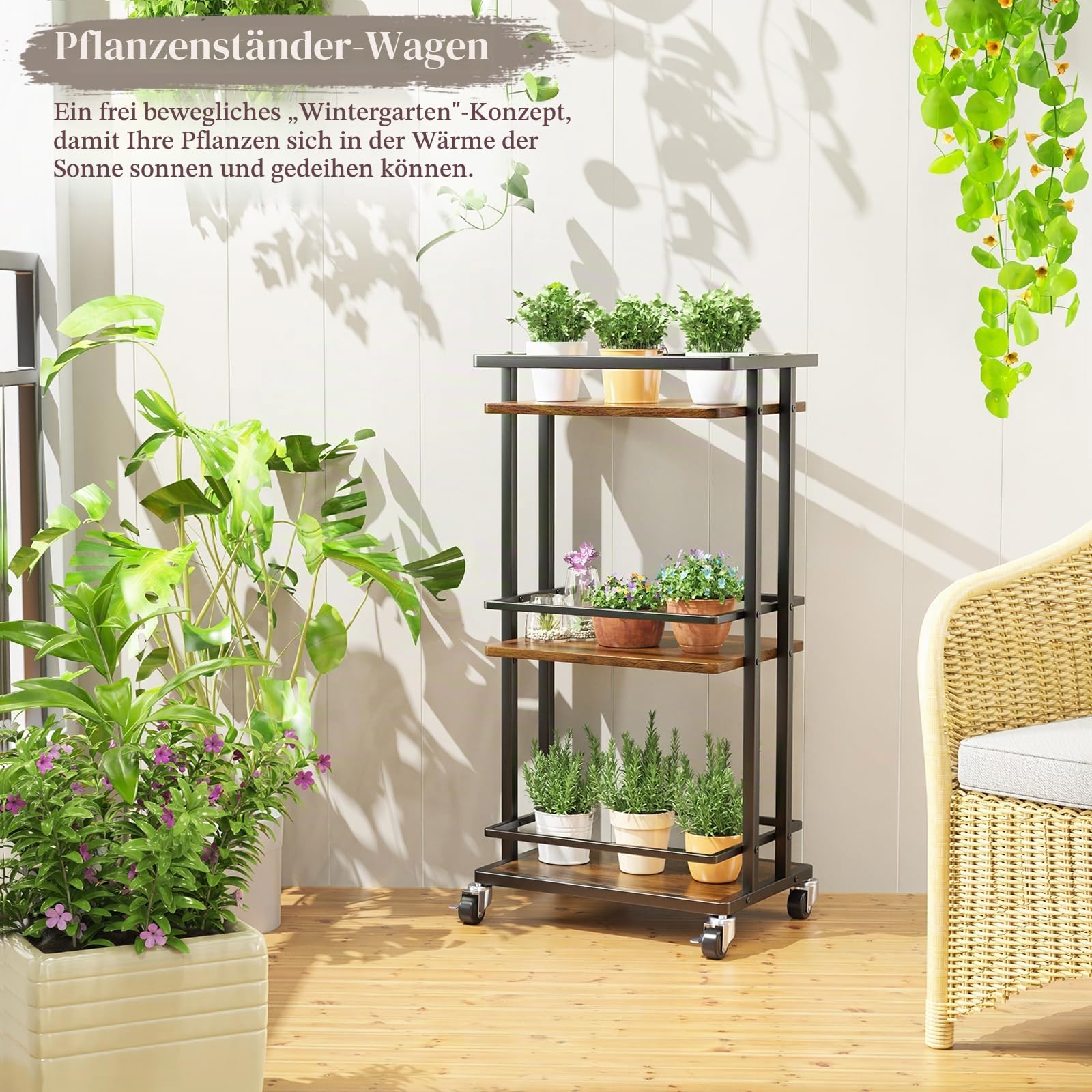 OKZEST 3-stöckiger Rollbar Wagen für Zuhause, Utility Kitchen Aufbewahrung Servierwagen mit Rädern, abschließbarer Mini-Kaffee-Barwagen für Party, Wein, Cocktail, Wohnzimmer, rustikales Braun