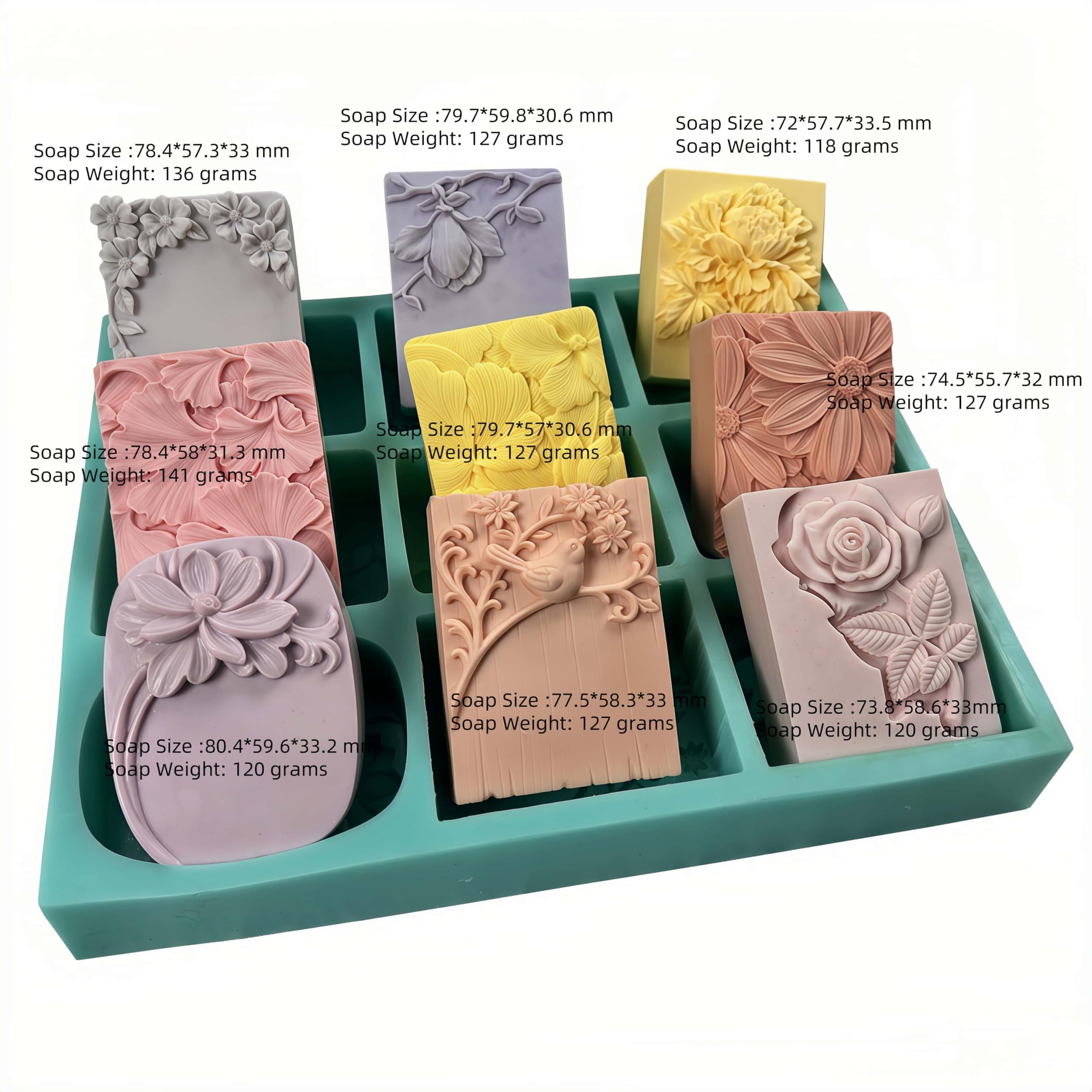 Molde de jabón de flores mixtas de 9 cavidades, bandeja de silicona hecha a mano, molde de silicona de flores para jabón natural, cera perfumada, difusor de yeso, decoraciones epoxi de cristal (IB-9