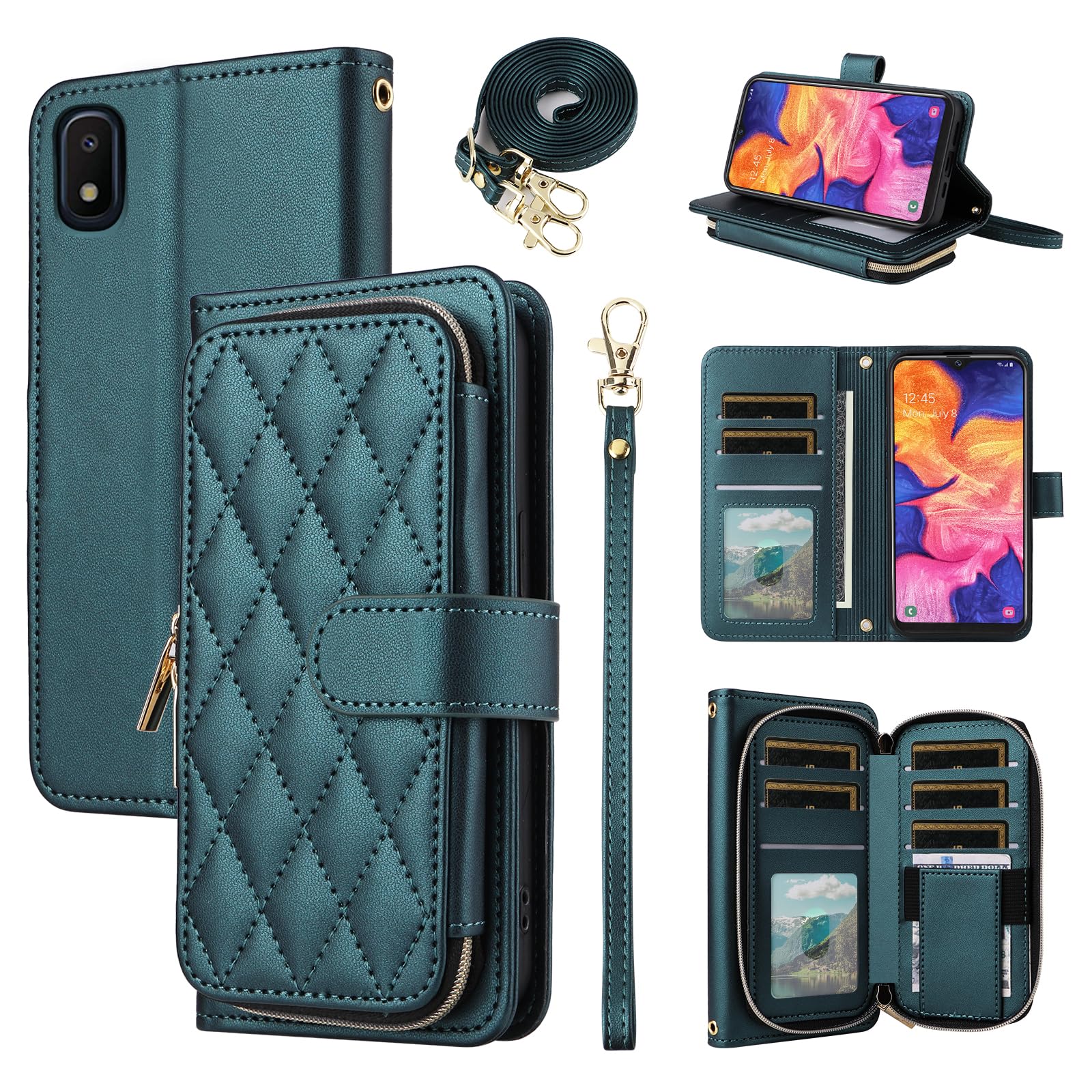 Furiet Argyle Wallet Case for Samsung Galaxy A10e with Wrist Strap Shoulder Strap, 9+ Card Slot Zipper Purse Luxury PU Leather Stand Checkered Phone