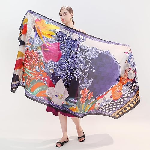 Miniatura 8 de DANA XU Bufanda y mantón extragrande de seda de morera 100% para mujer, bufanda pashmina floral para vestidos de noche, suave y de gran tamaño