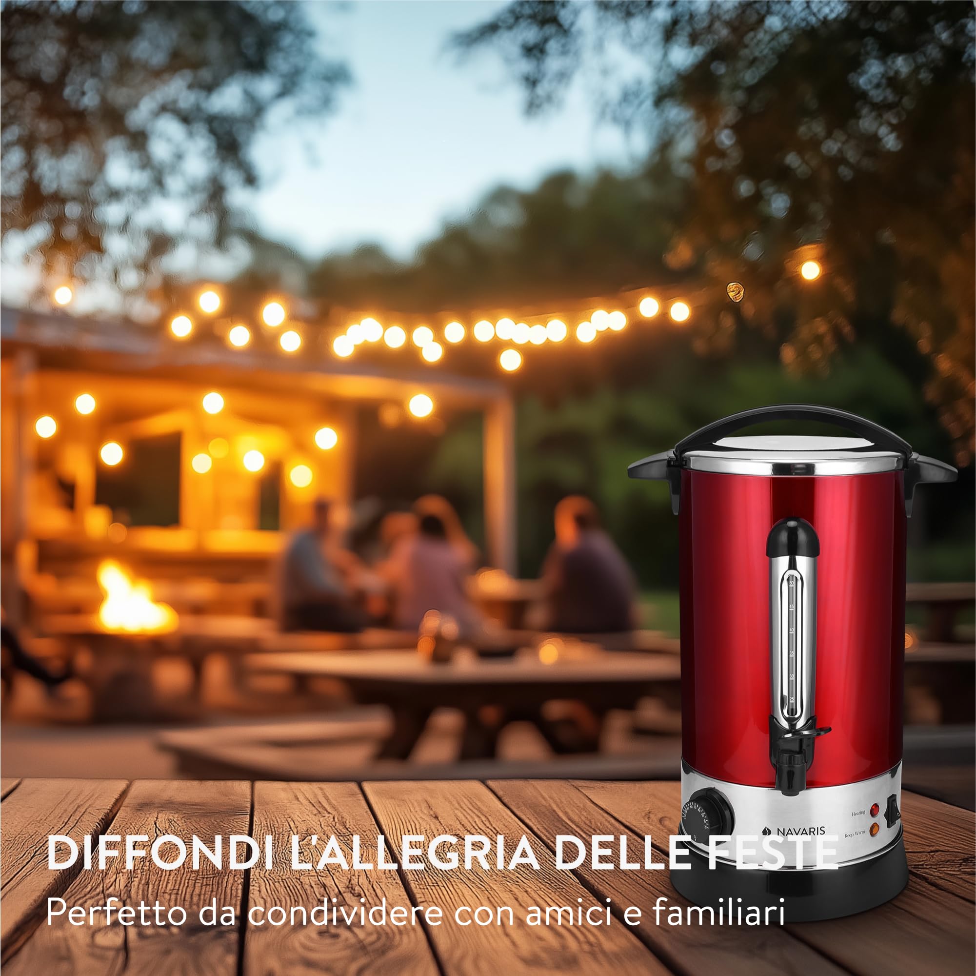 Navaris Pentola Bollitore 10l Vino Acqua - Dispenser Acqua Calda Vin Brulè Caffè - Distributore Elettrico Bevande Calde con Rubinetto - Rosso