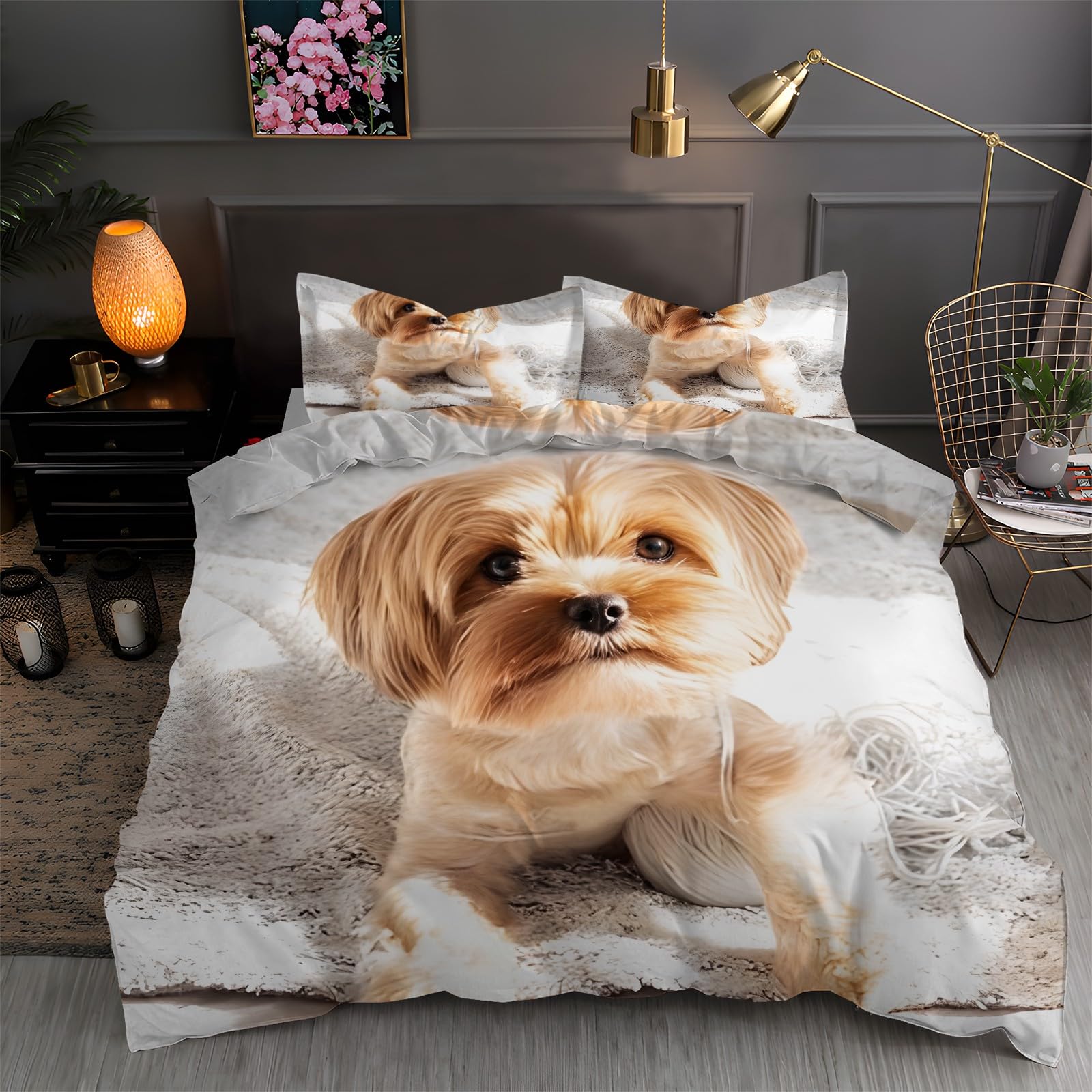 Beige Super King Duvet Cover Shih Tzu 3D Bedding Sets Brushed Microfibre