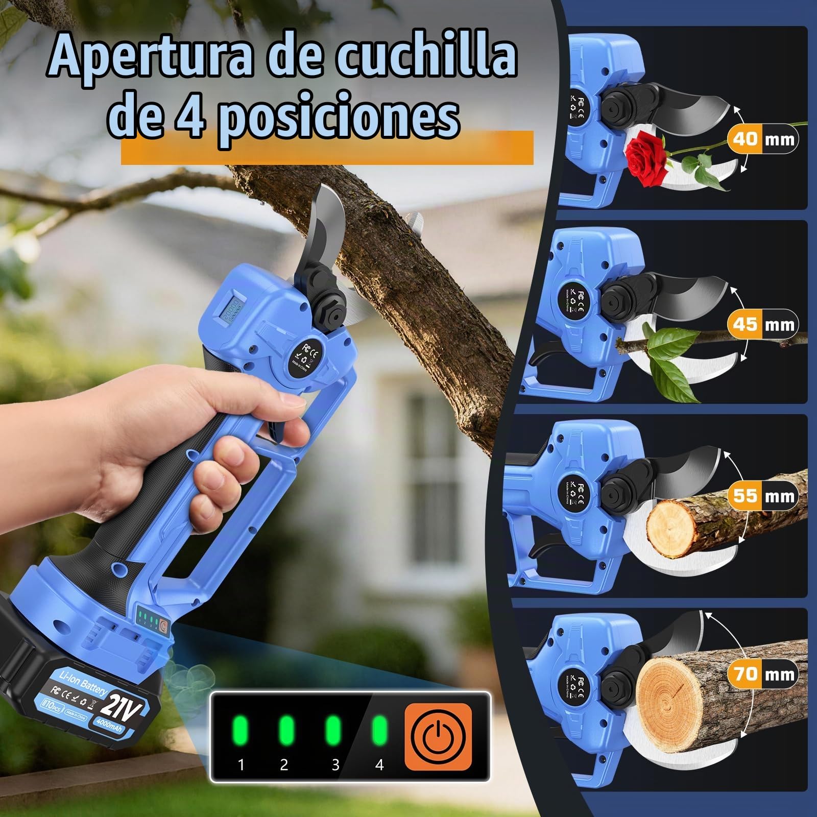 Tijeras De Podar De 60 MM Cuentan Con Una Apertura De Hoja Ajustable En Cuatro Niveles, Dos Baterías De 4.0 Ah x 2,40-50mm Diámetro de Corte, Color Azul, Kit Completo para Huerto y Jardín