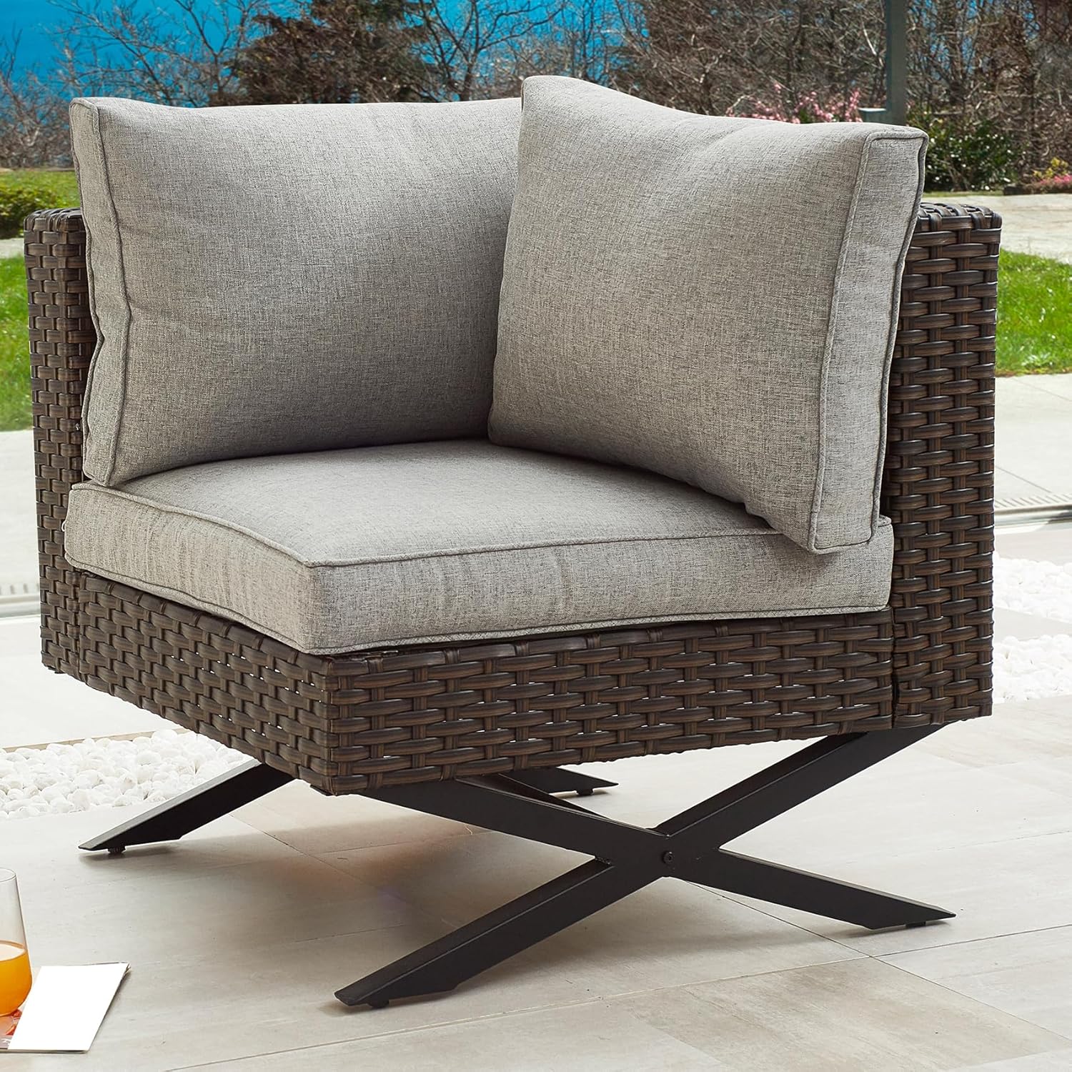Outdoor Dining Wicker Right-arm Sofa Chair Outdoor Patio Furniture with Grey Cushion Metal Steel Frame