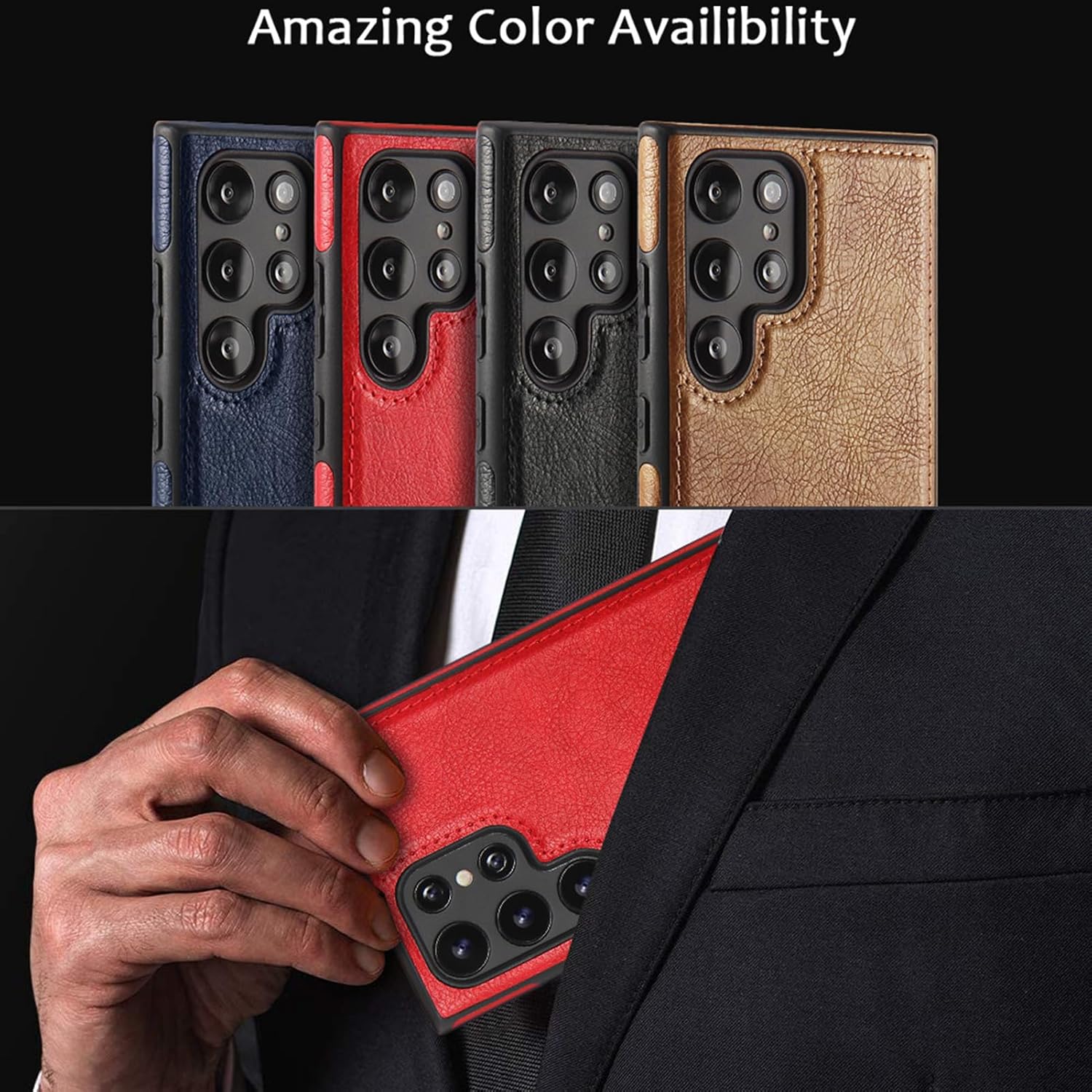 LXURY Leather Case for Samsung Galaxy S24 Ultra/S24 Plus/S24, Slim Business Cover with Lens Protection and Support Wireless Charging Leather Case,Red,S24