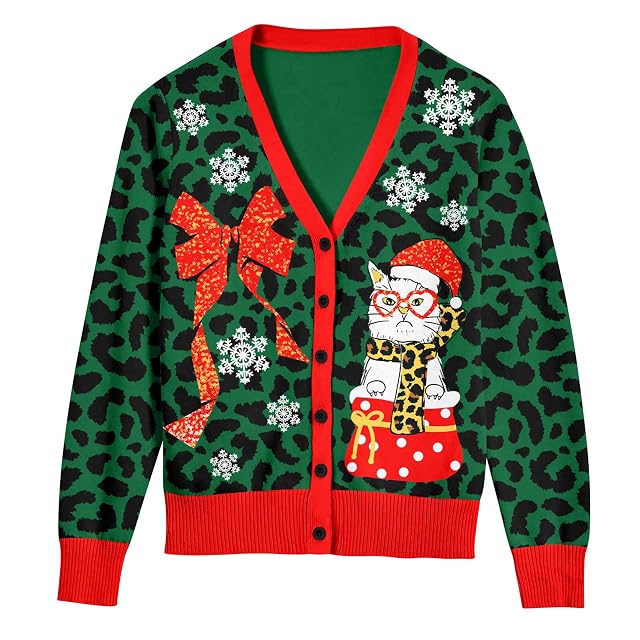 Goodstoworld Women Ugly Christmas Cardigan Sweater Long Sleeve Button Down Cozy V Neck Sweater Soft Knitwear