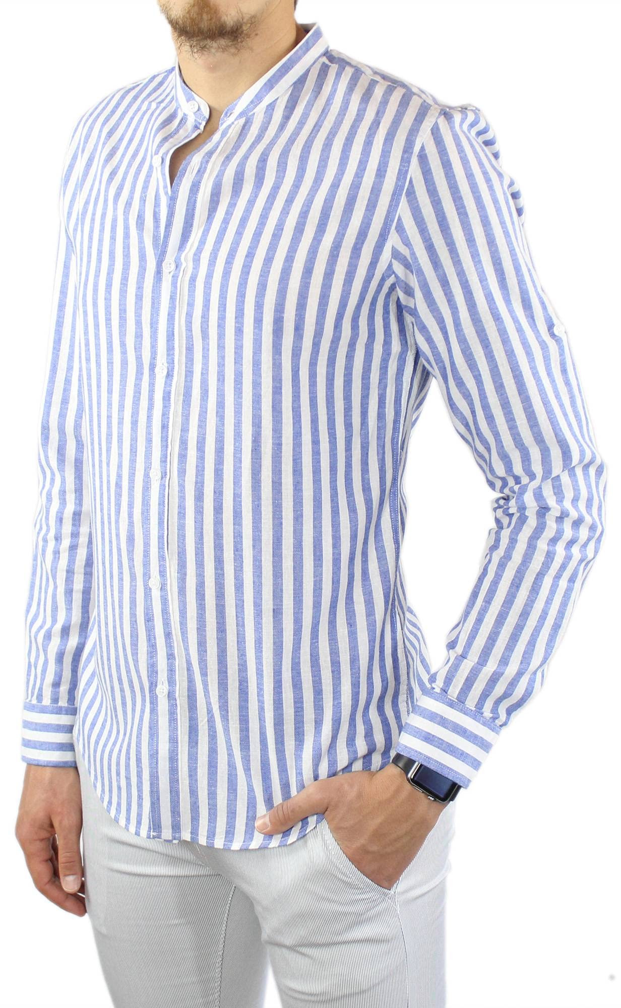 Camisa de lino para hombre Coreana a rayas celestes de 100 % lino Slim Fit elegante de manga larga a rayas