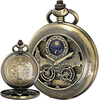 Men's Mechanical Hollow Design Hand Wind Pocket Watch Roman Numerals Steampunk with Chain Box