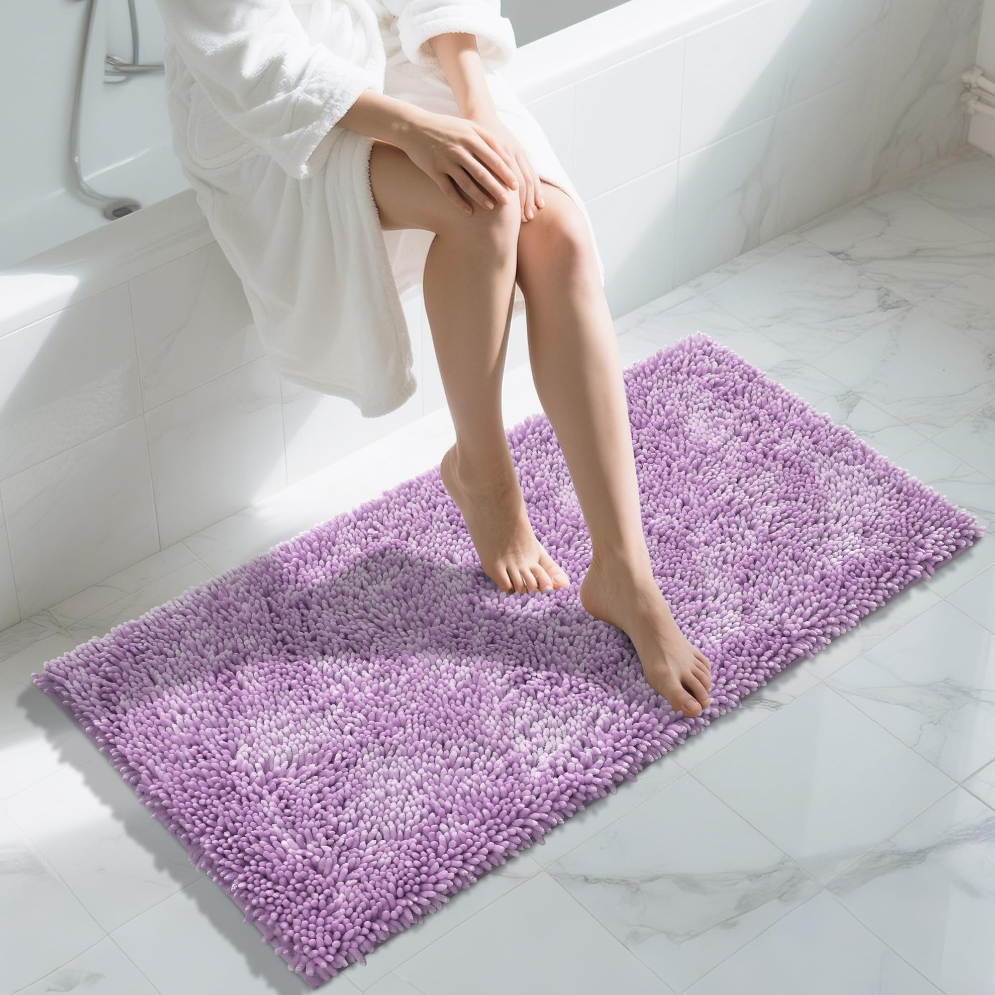 Yimobra Long Bathroom Rug Non Slip 44x24 Inch, Extra Thick Soft Absorbent Chenille Bath Mat, Machine Washable Quick Dry Bath Rugs for Bathroom Floor, Tub and Shower, Home Decor Accessories, Lilac