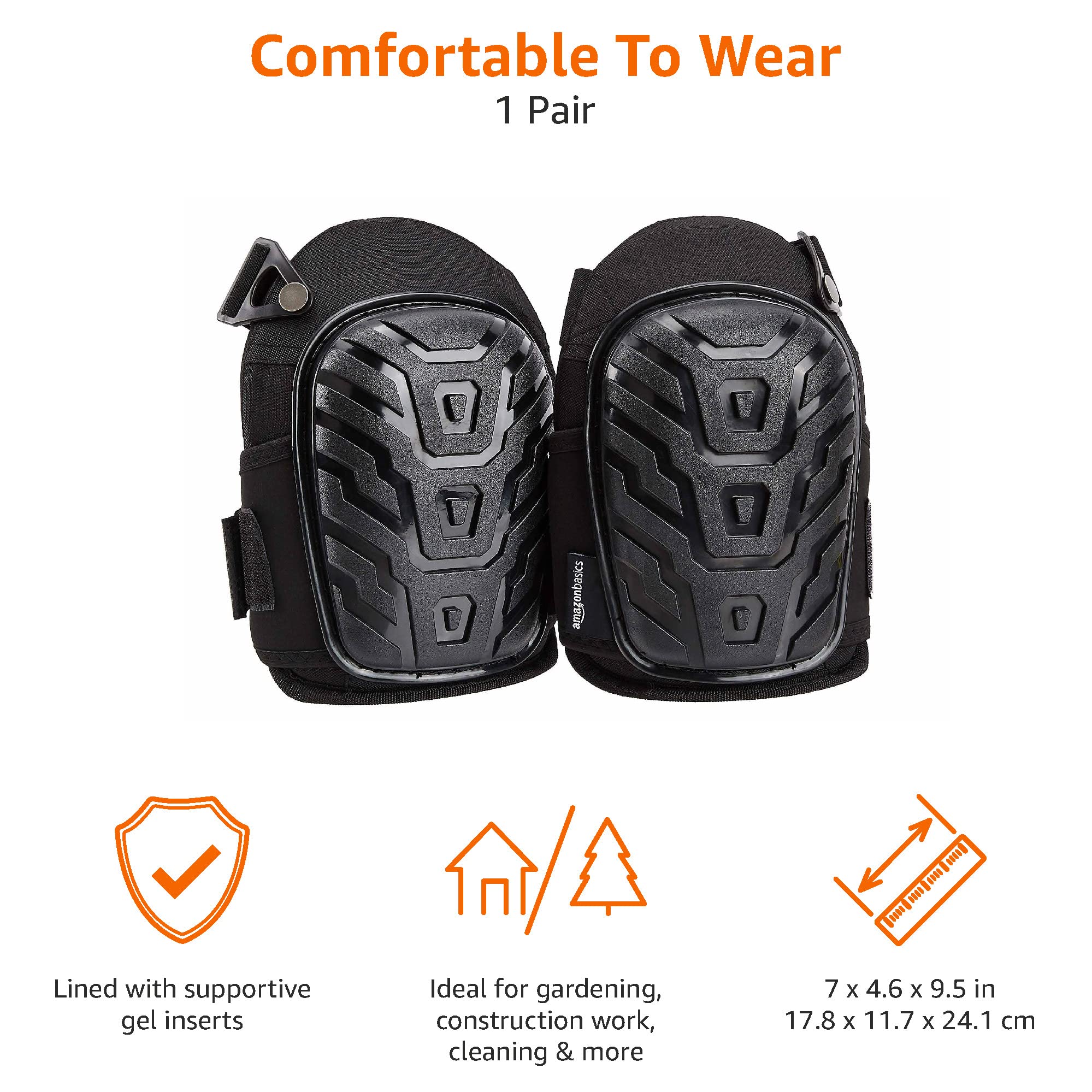 Amazon Basics Genouillères professionnelles, en mousse durable, rembourrage en gel confortable, avec clips faciles à régler, 1 paire, 17,8 x 11,7 x 24,1 cm, noir