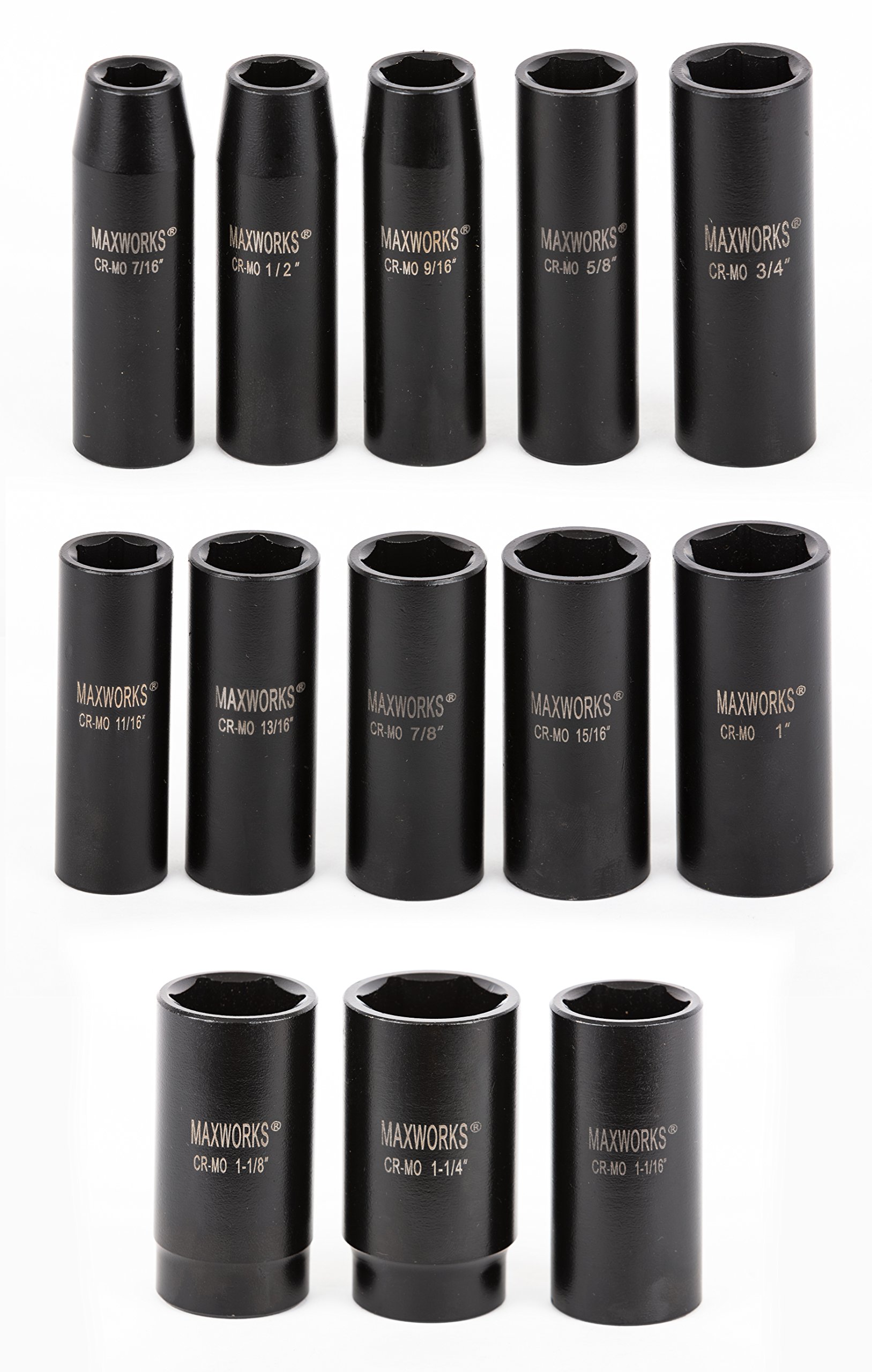 MaxWorks 80782 1/2 Drive SAE Deep Impact Socket Set With Laser Etched Size Marking 13 Piece