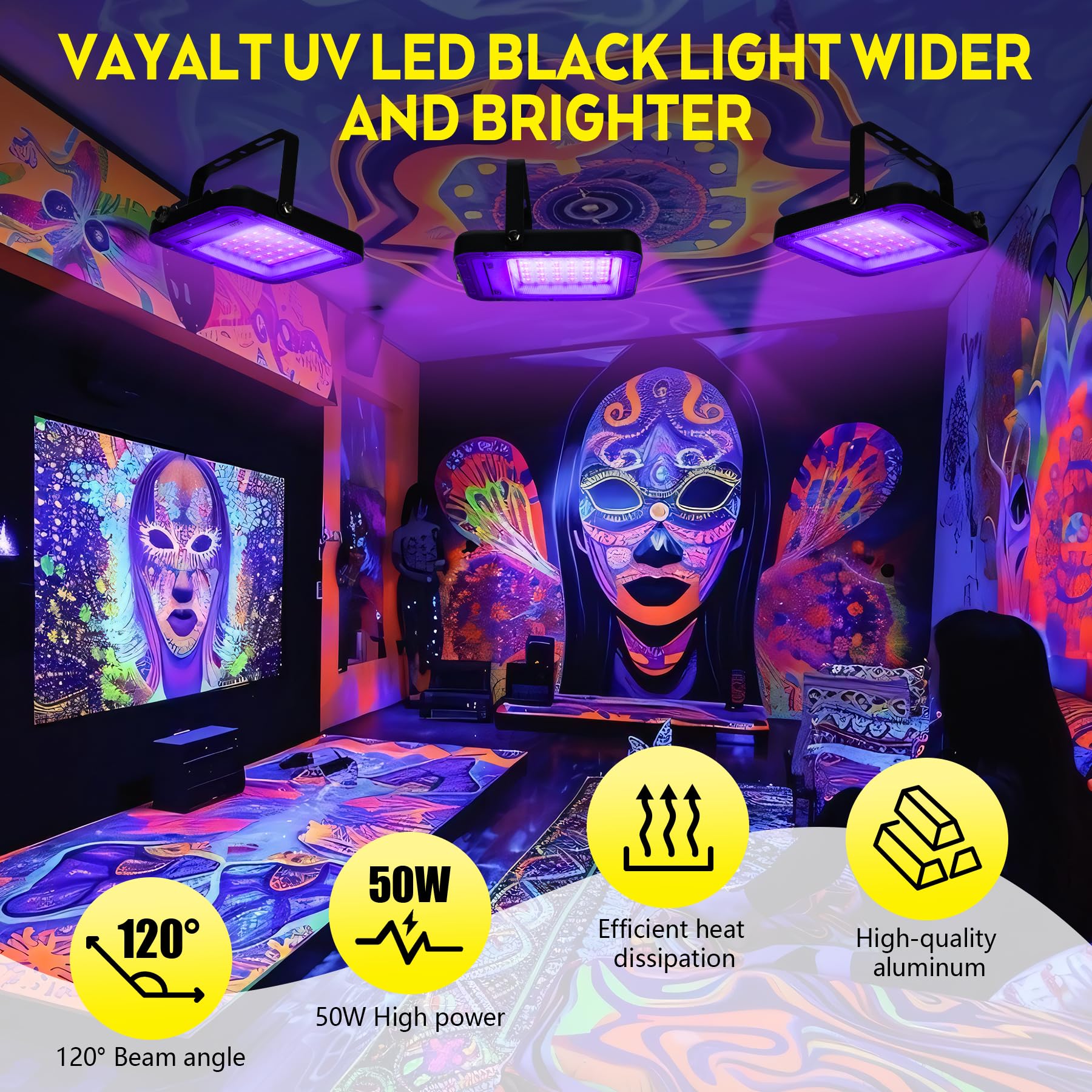 VAYALT 2 Pezzi 50W Luce Nera UV, IP65 Impermeabile Luce UV, 395nm Potente Faro UV, Faretto UV LED per Festa Glow, Bar, Acquario, Natale, Decorazione di Halloween, Pittura, Effetti Fluorescenti