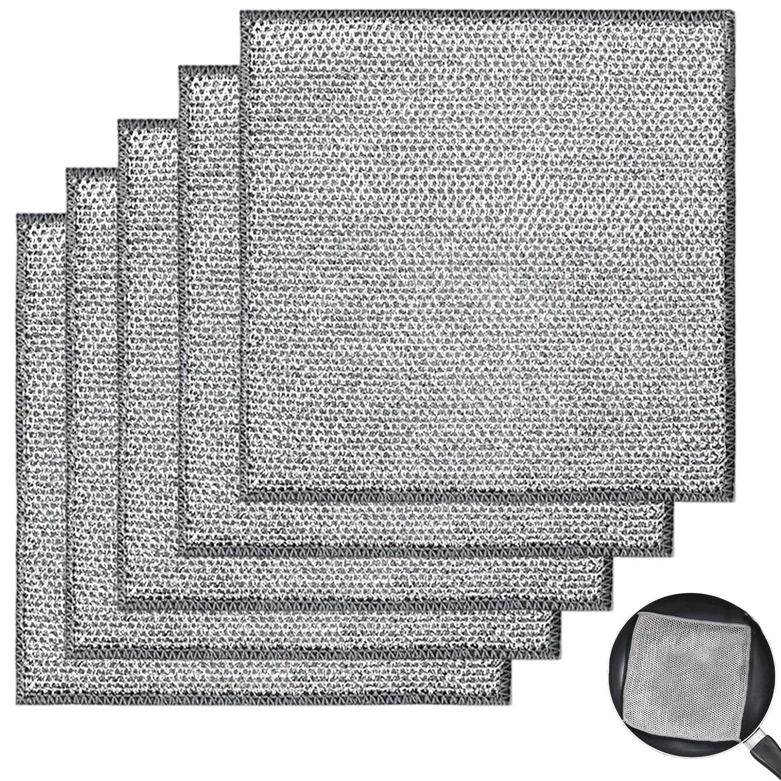 Kaslcwa Silver 5 Pcs Wire Dishwashing Rag, Solid Color Mesh Dishcloth, Wiring Dish Cloths For Wet & Dry, Dishwashing Cleaning Cloths, 20X20 Cm, Resuable, Sinks, And Stove Tops