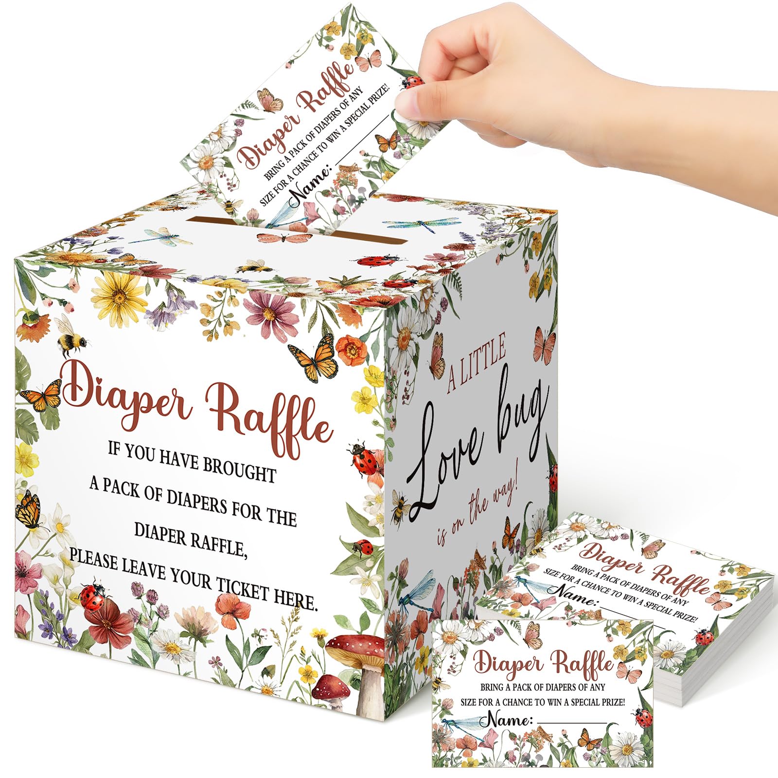 Teling 51 Pieces Diaper Raffle Tickets with Card Box,Love Bug Style