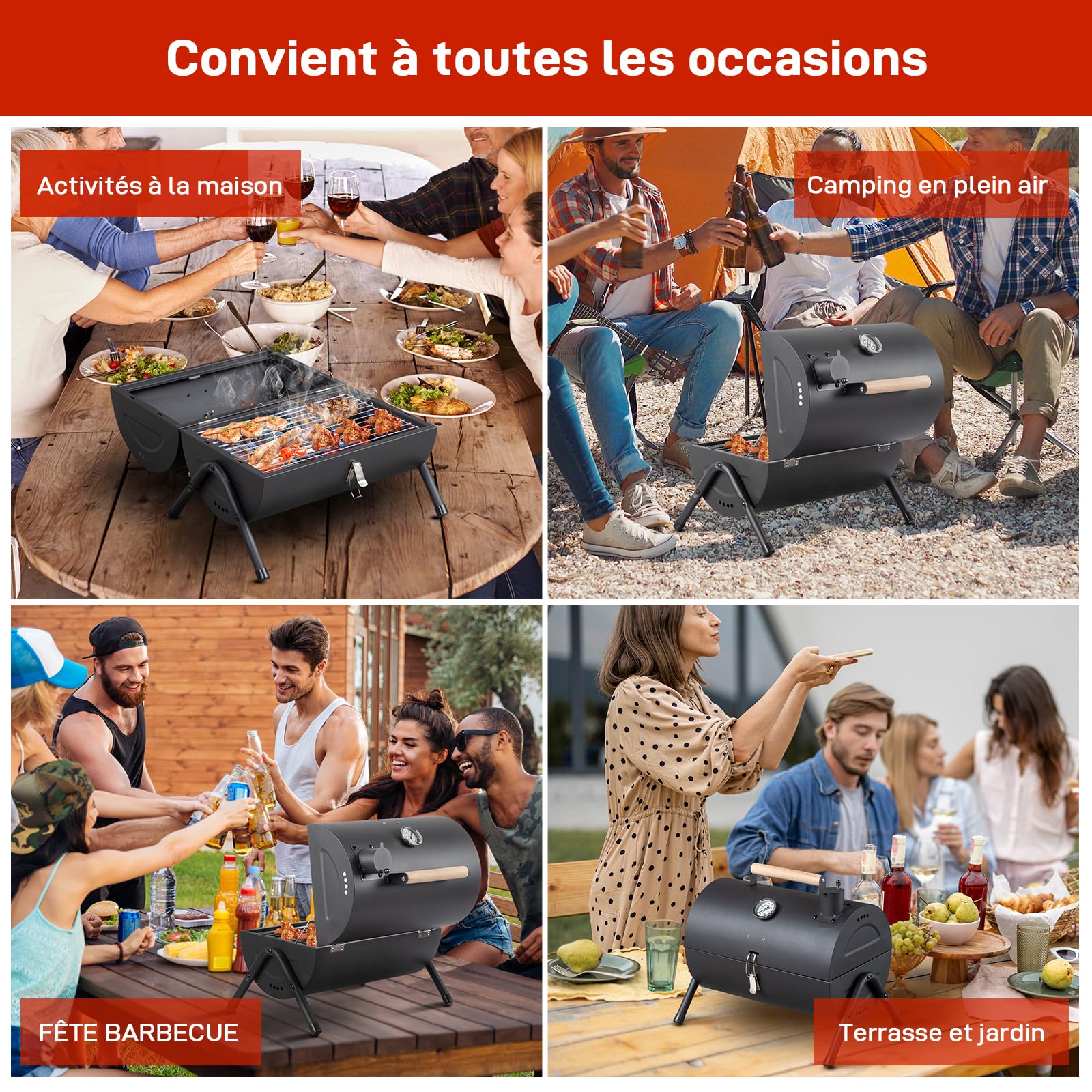 LEADZM Barbacoa de carbón portátil con termómetro y asa de madera, barbacoa compacta de mesa para camping al aire libre y jardín, 34×22 cm