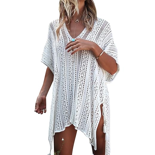 Jeasona Women’s Bathing Suit Cover Up Beach Bikini Swimsuit Swimwear Crochet Dress (Off White, L)