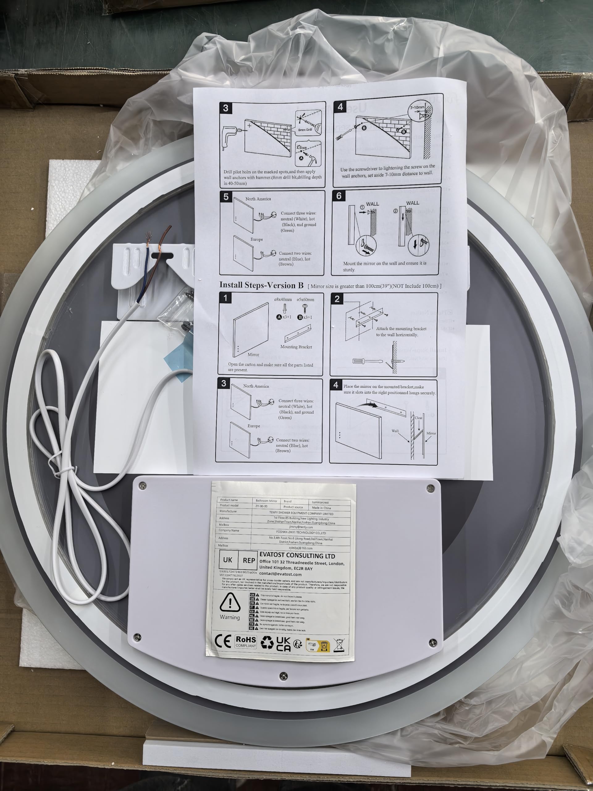 Miroir LED 60x 60cm,Rond,antibuée,intensité Variable 3 Couleurs,éclairage Avant et arrière,IRC 90+,IP44 Verre Trempé HD Miroir-Mural,Bouton Tactile, Horizontal/Vertical.