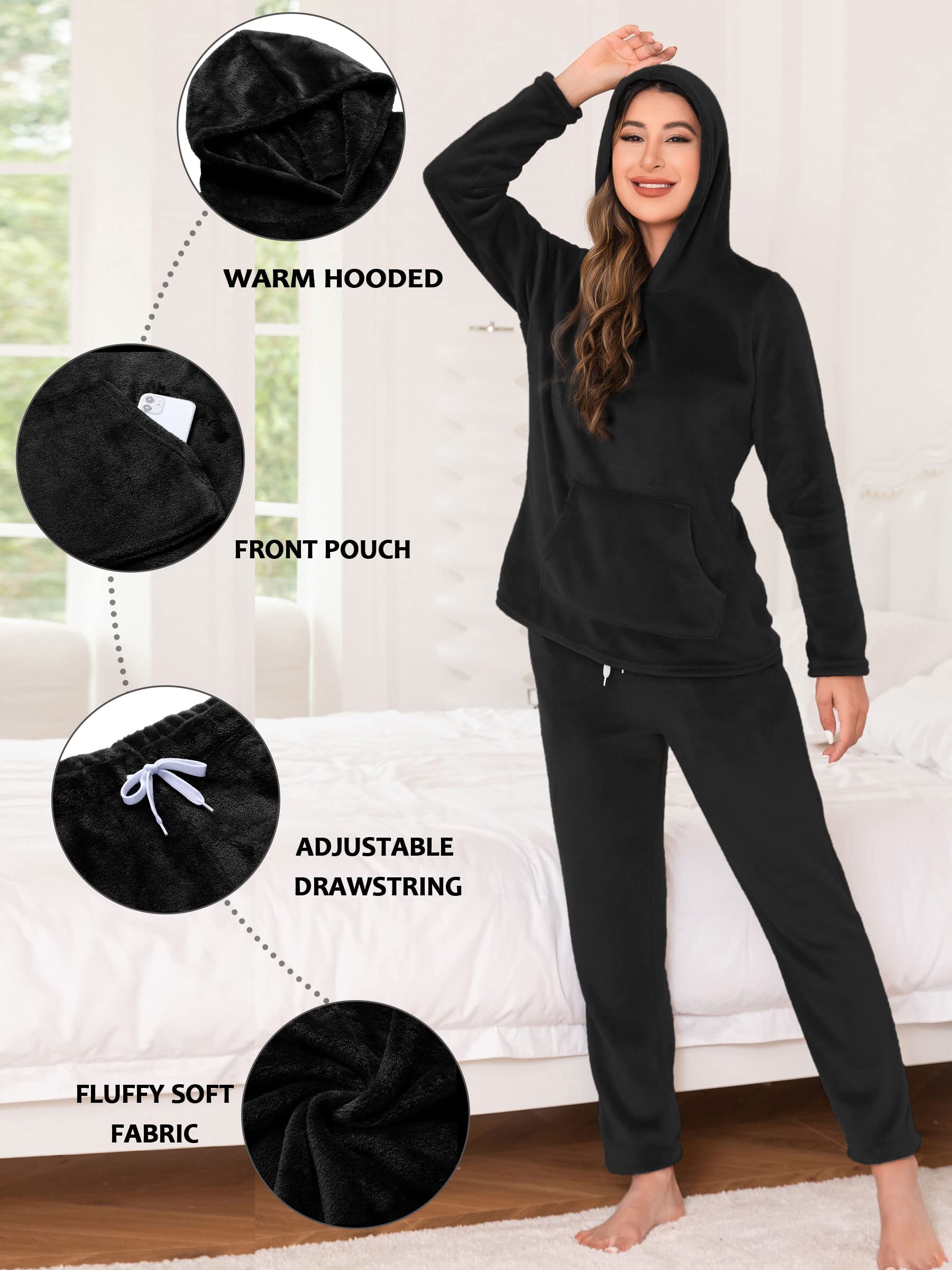 Lovasy Pigiama in Pile Donna Invernali Pigiami Due Pezzi a Maniche Lunghe | con Cappuccio Set Pigiama Caldo Comodo e Soffice con Tasche
