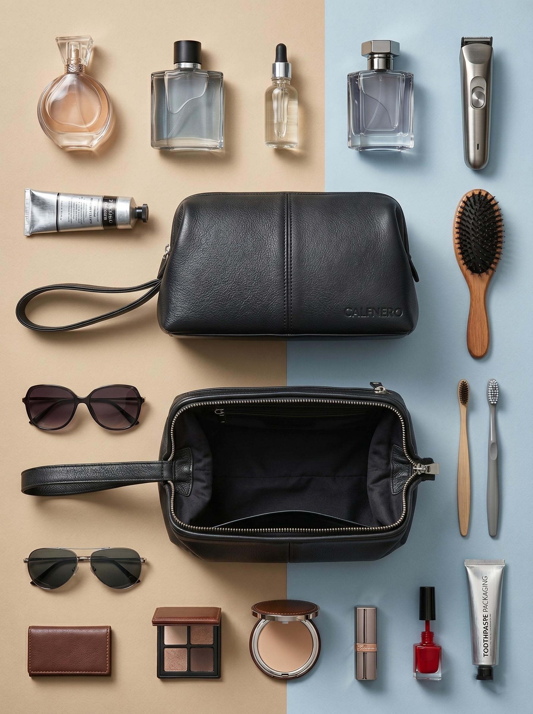 Calfnero Trousse de toilette en cuir véritable - Trousse de rasage et kit de toilettage pour voyage - Cadeau pour homme et femme - Trousse de maquillage pour salle de bain - Noir - Taille unique
