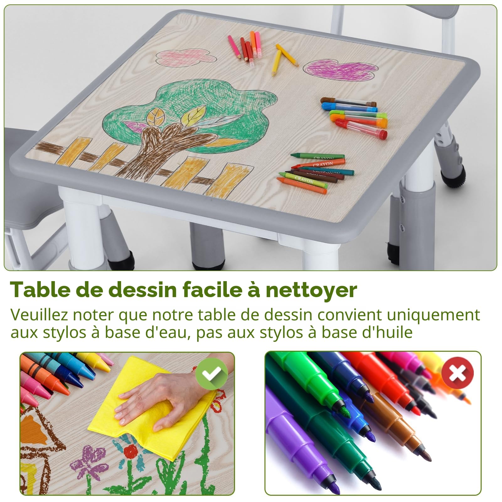 MAMIZO Ensemble de Table pour Enfants Réglable en Hauteur Avec 2 Chaises, Meubles en Plastique, pour Peinture, Garçons et Filles à Partir de 3 Ans (Gris, Carrée)