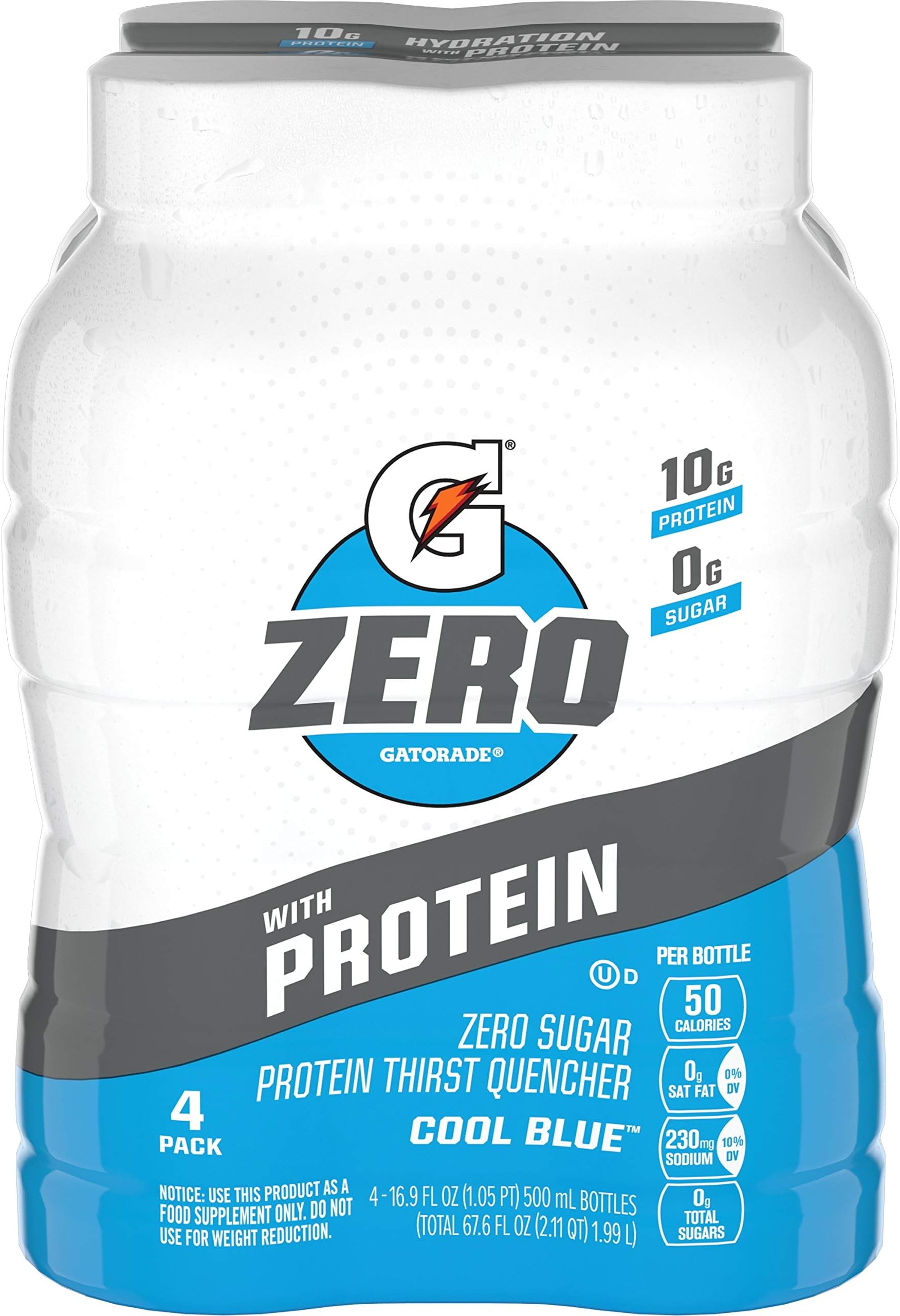 Gatorade Zero With Protein, 10g Whey Protein Isolate, Zero Sugar, Electrolytes, Cool Blue, 16.9 Fl Oz, 4 Pack