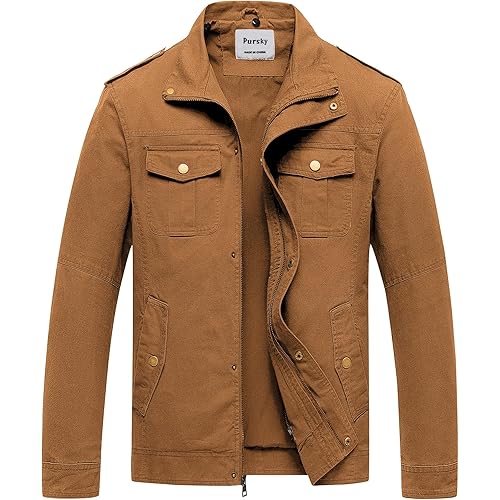 Pursky Men's Military Jacket Casual Washed Cotton Hooded Canvas Coat Fall Coat