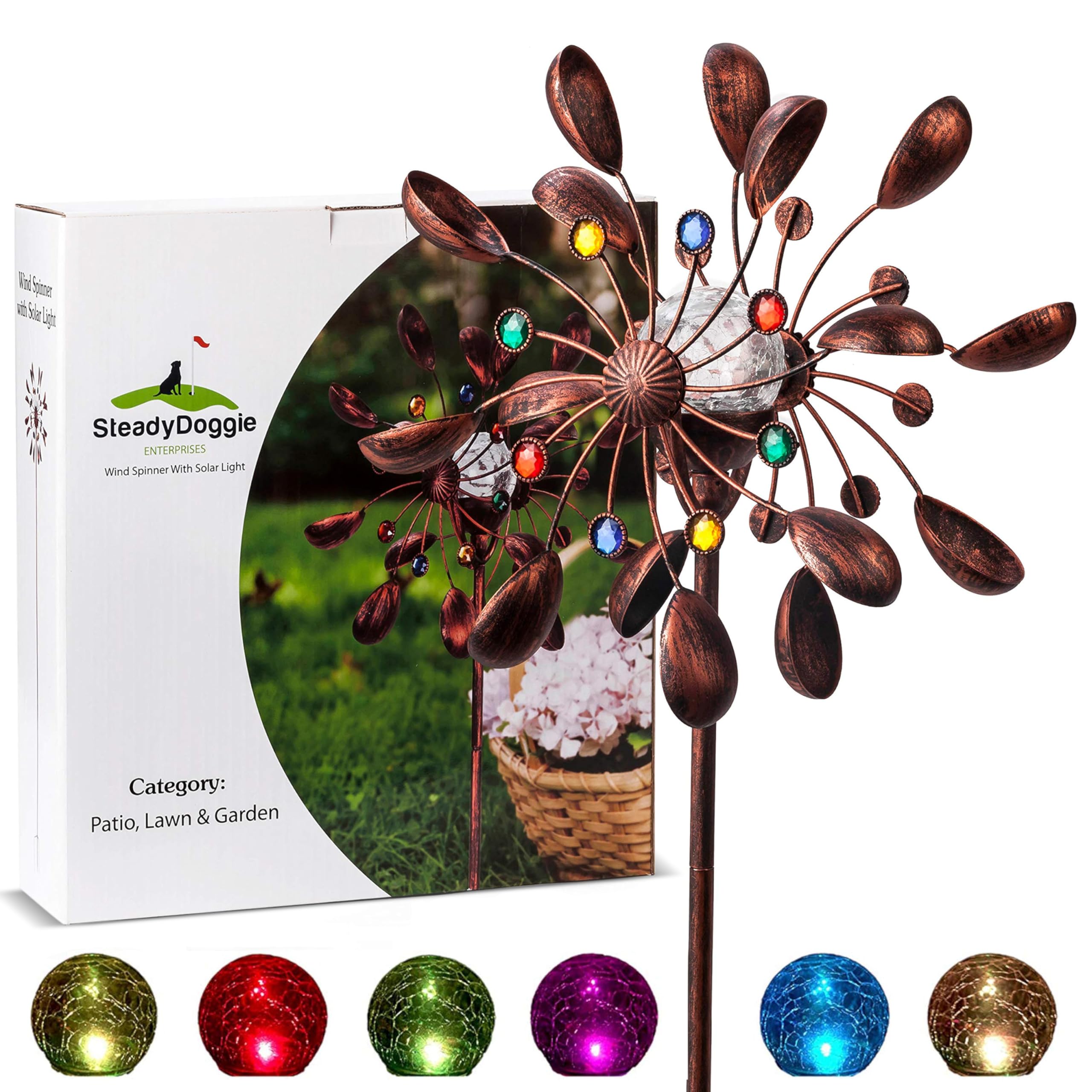 SteadyDoggie 75-Inch Wind Spinners Jewel Cup - Solar-Powered with Multi-Color LED Glass Ball - Metal Kinetic Windmill for Dual Wind Direction - Easy to Assemble Garden and Outdoor Yard Decorations