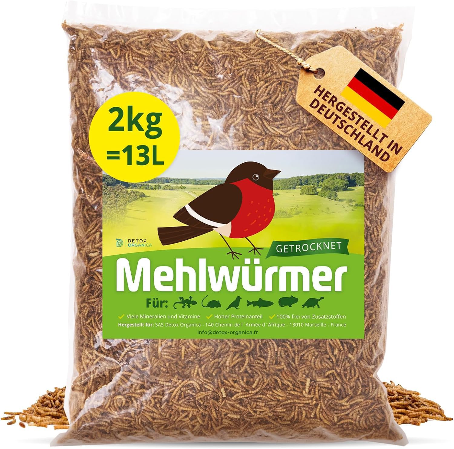 Detox Organica Mehlwürmer Getrocknet, 2Kg (13L) getrocknete Mehlwürmer mit sehr hohem Proteingehalt, Würmer für Reptilien, Vögel, Wildvögel, Igel, Fische, Schildkröten & Nager – Premium Qualität
